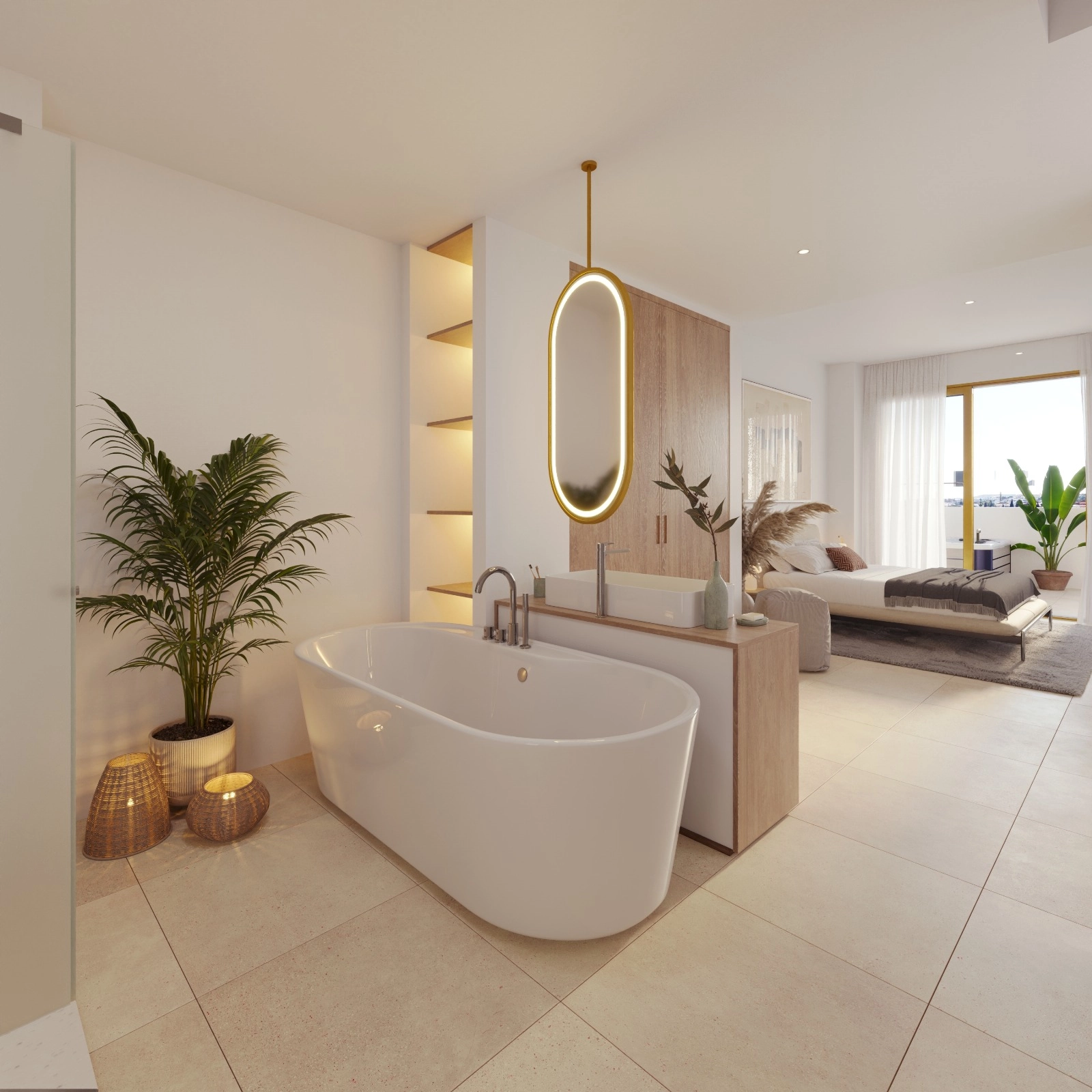 Een prachtig ingerichte badkamer met een vrijstaand bad, wat thuis een spa-achtige ervaring creëert.