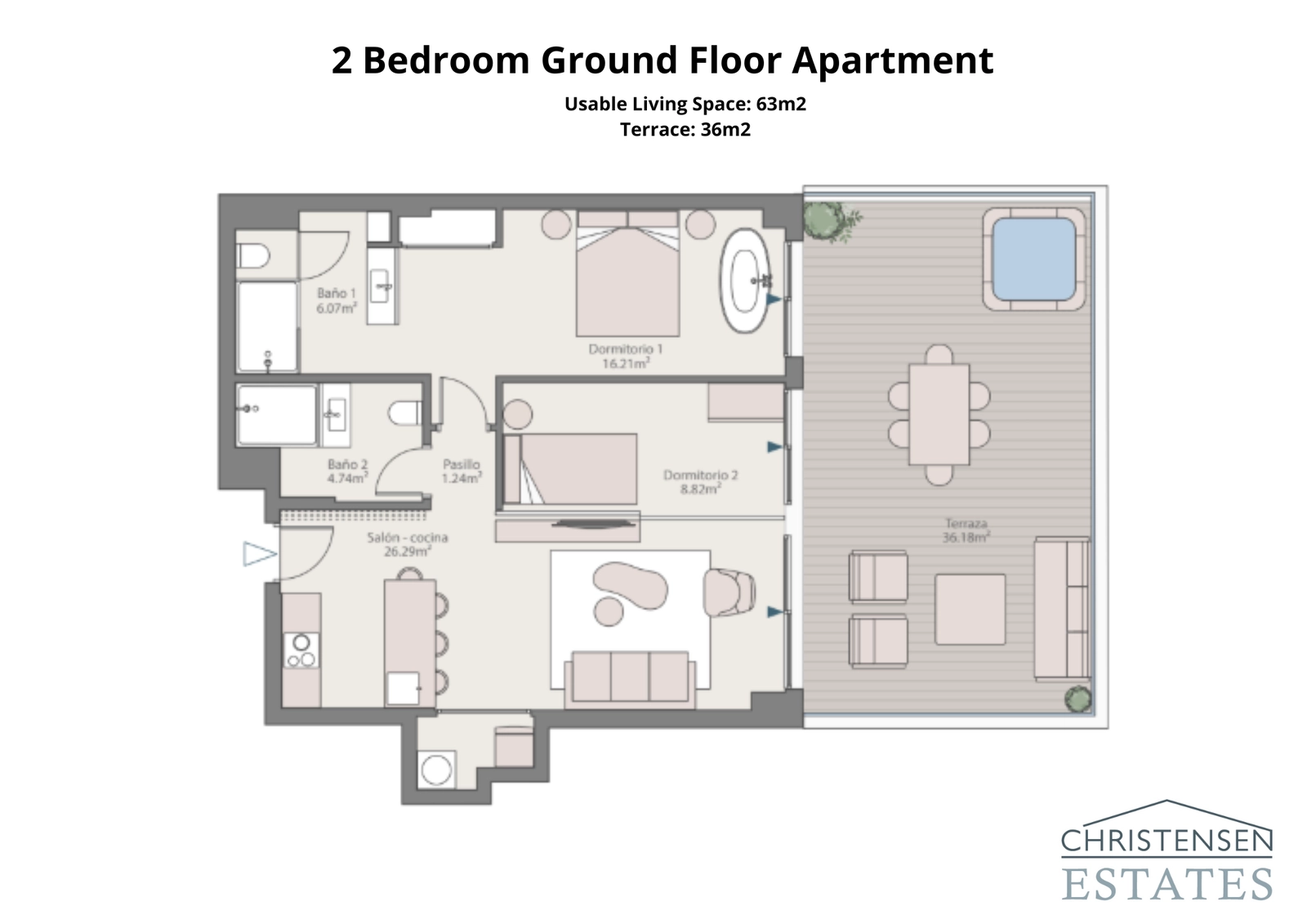 Een ruime gelijkvloerse woning met twee slaapkamers die een naadloze verbinding biedt met een groot privéterras en een tuin.