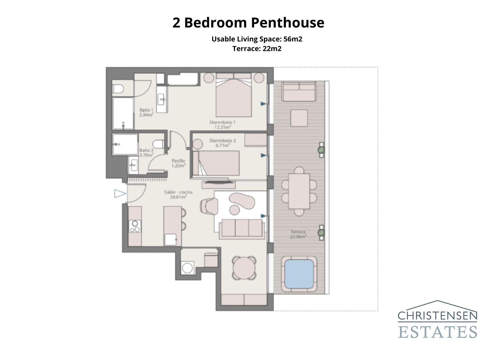 De penthouse-indeling met twee slaapkamers biedt een efficiënt ruimtegebruik, leidend naar een privéterras met uitstekend uitzicht.