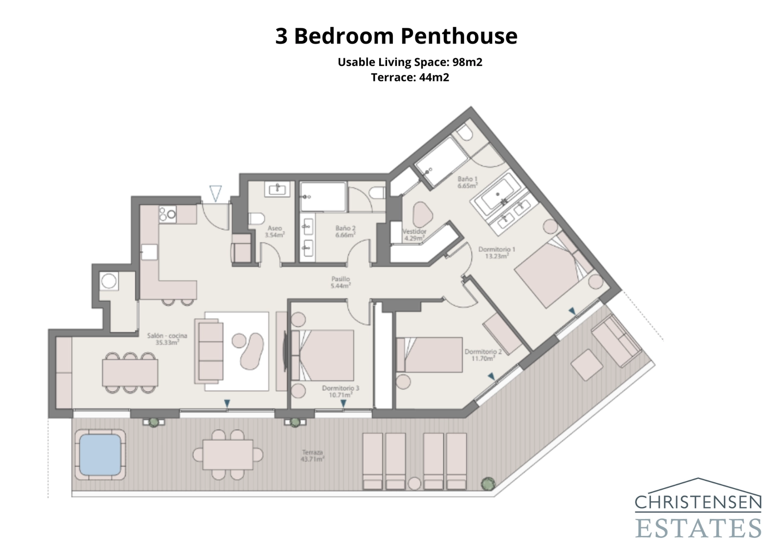 Dit topklasse penthouse met drie slaapkamers beschikt over een indrukwekkend terras van 44 m², dat veel ruimte biedt voor een exclusieve buitenlevenstijl.