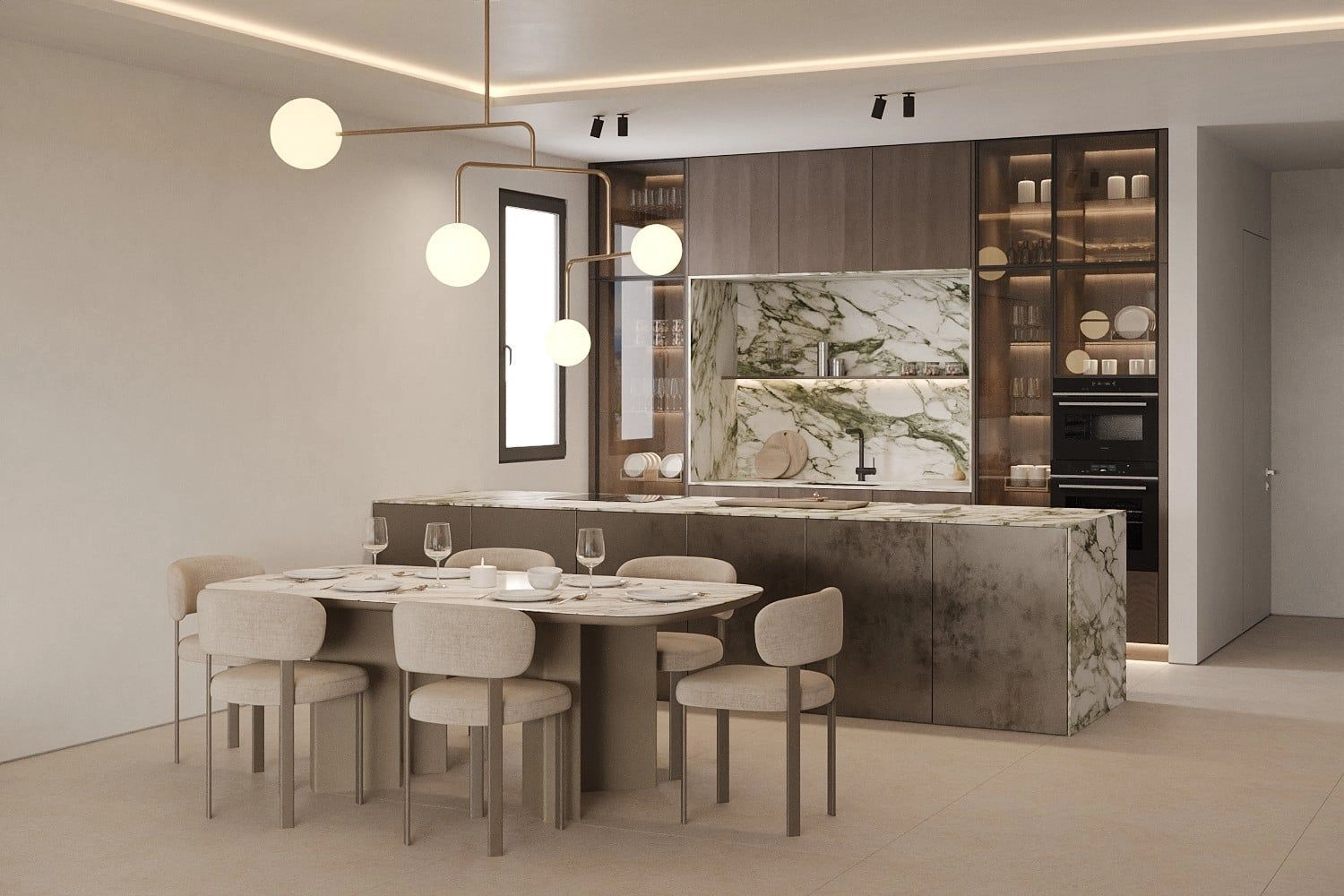 Een moderne keuken met hoogwaardige afwerkingen, ontworpen om zowel mooi als functioneel te zijn.