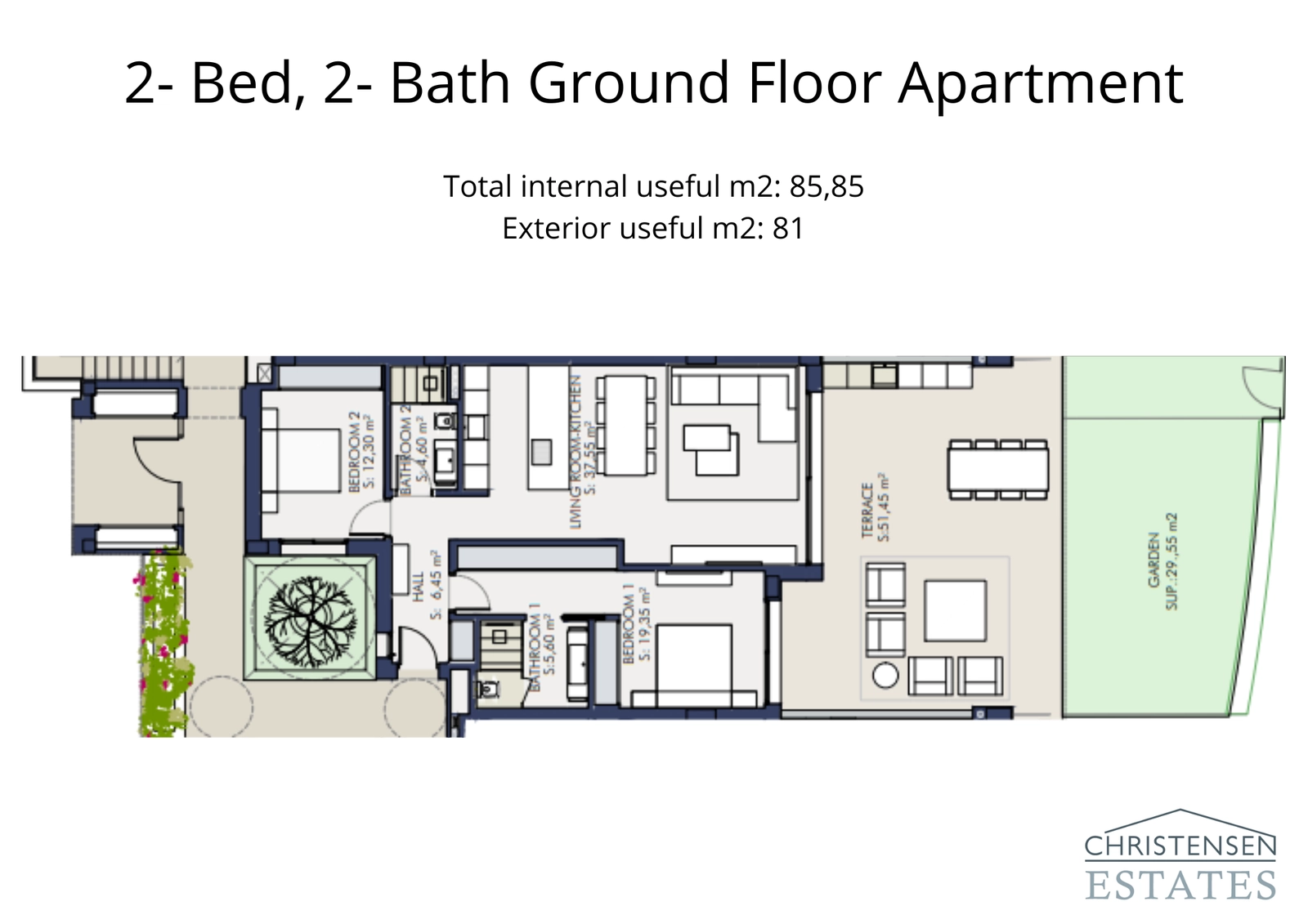 Een zorgvuldig ontworpen begane grond indeling met twee slaapkamers, met een naadloze overgang naar een groot terras en een privétuin.