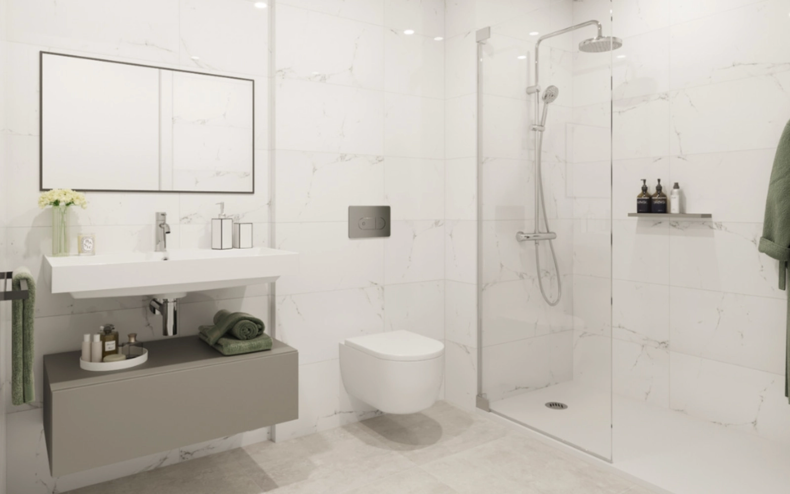 Een strakke en moderne badkamer met hoogwaardige afwerking en een ruime inloopdouche.