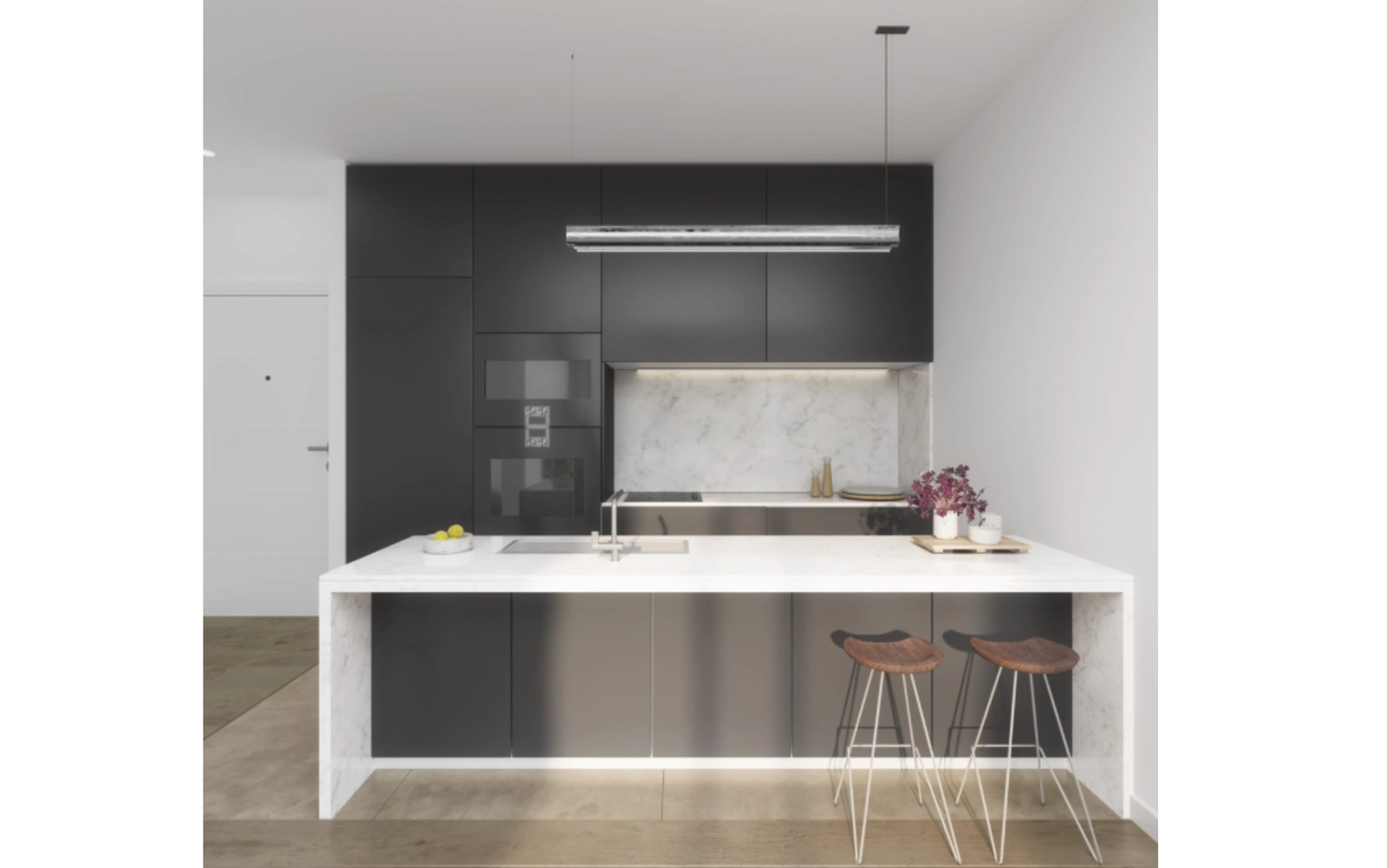 Een moderne, volledig uitgeruste keuken met een stijlvol eiland, perfect om te koken en gasten te ontvangen.