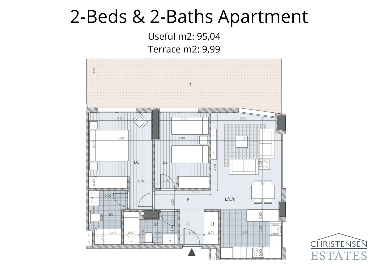 Plattegrond voor een appartement met twee slaapkamers, met een slimme indeling die de slaapruimtes scheidt van de open woonruimte voor maximaal comfort en privacy.