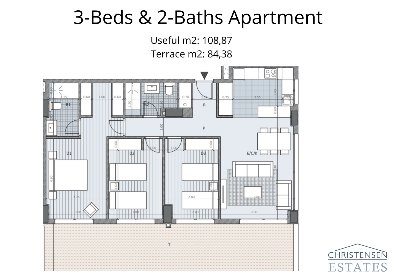 Deze indeling van een appartement met drie slaapkamers beschikt over een ruime woon- en keukenruimte die uitkomt op een royaal terras, ideaal voor een binnen-buiten levensstijl.
