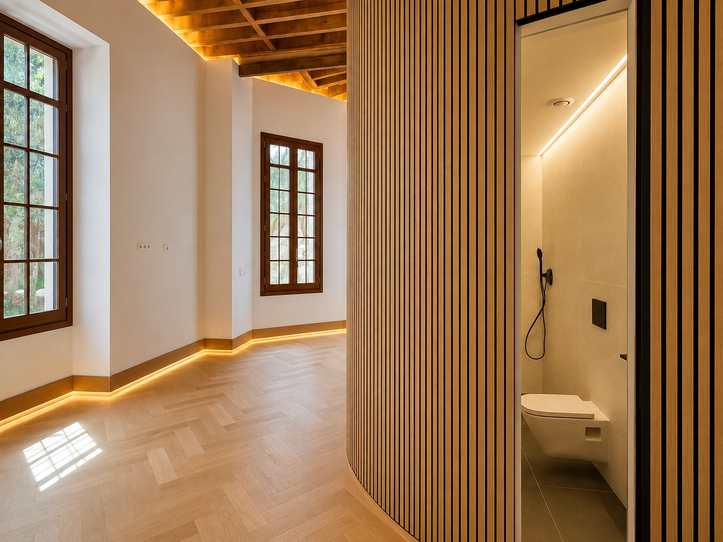 Een elegante ruimte die de overgang toont van de woonkamer naar een verfijnde, moderne badkamer.