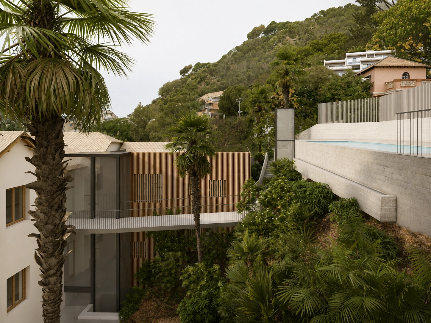 De ontwikkeling combineert moderne architectonische elementen met weelderige, natuurlijke landschapsarchitectuur voor een serene sfeer.
