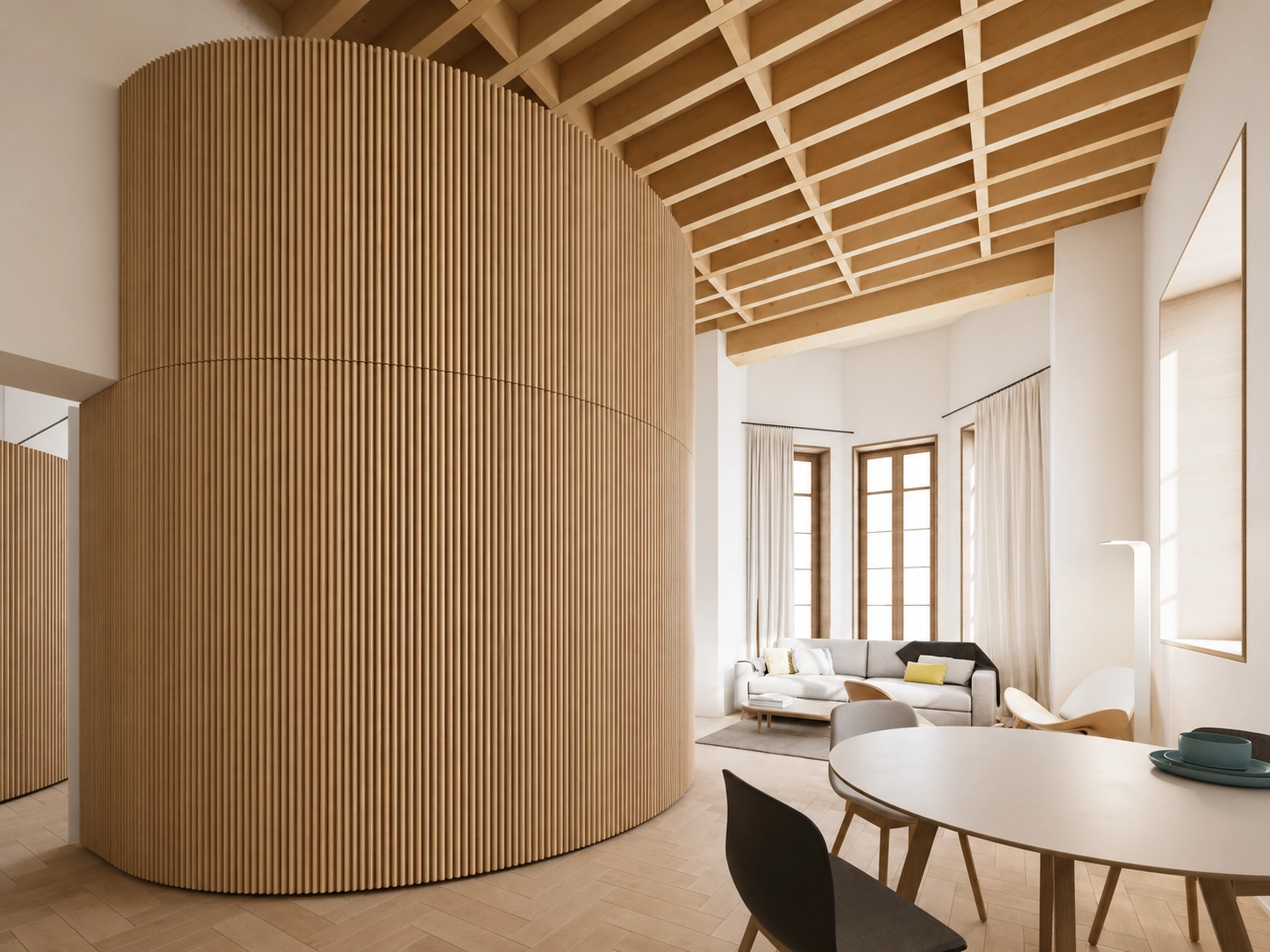 De open eet- en woonruimtes zijn ontworpen voor modern wonen, met unieke architectonische details.