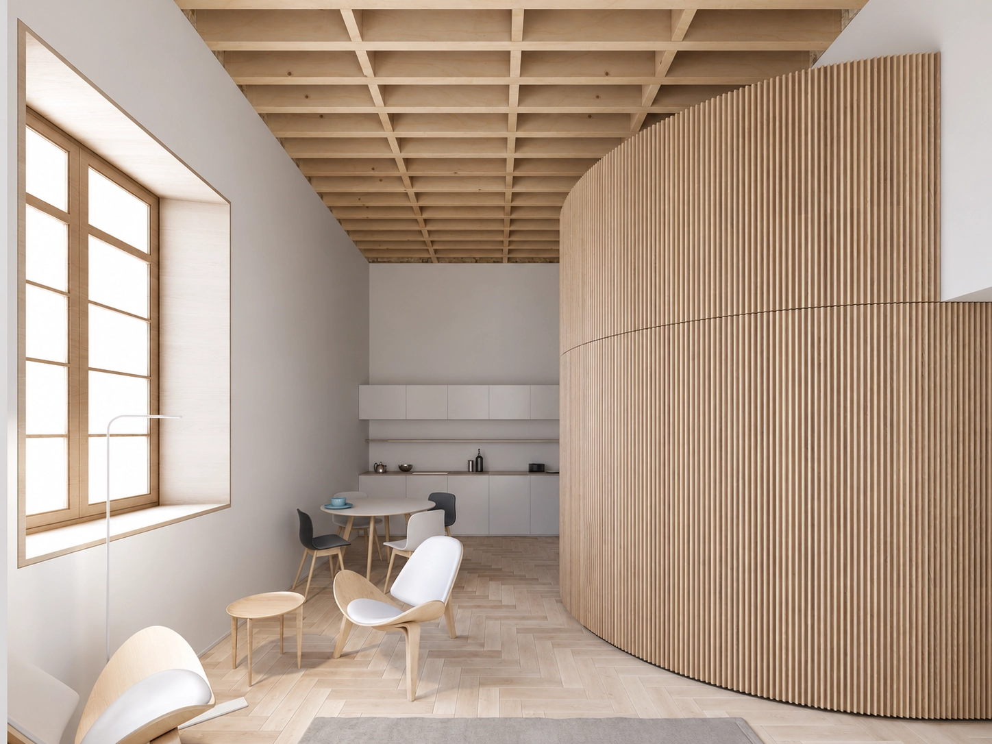 Een blik op de naadloze integratie tussen de keuken en eetruimtes, met strak design en natuurlijk hout.