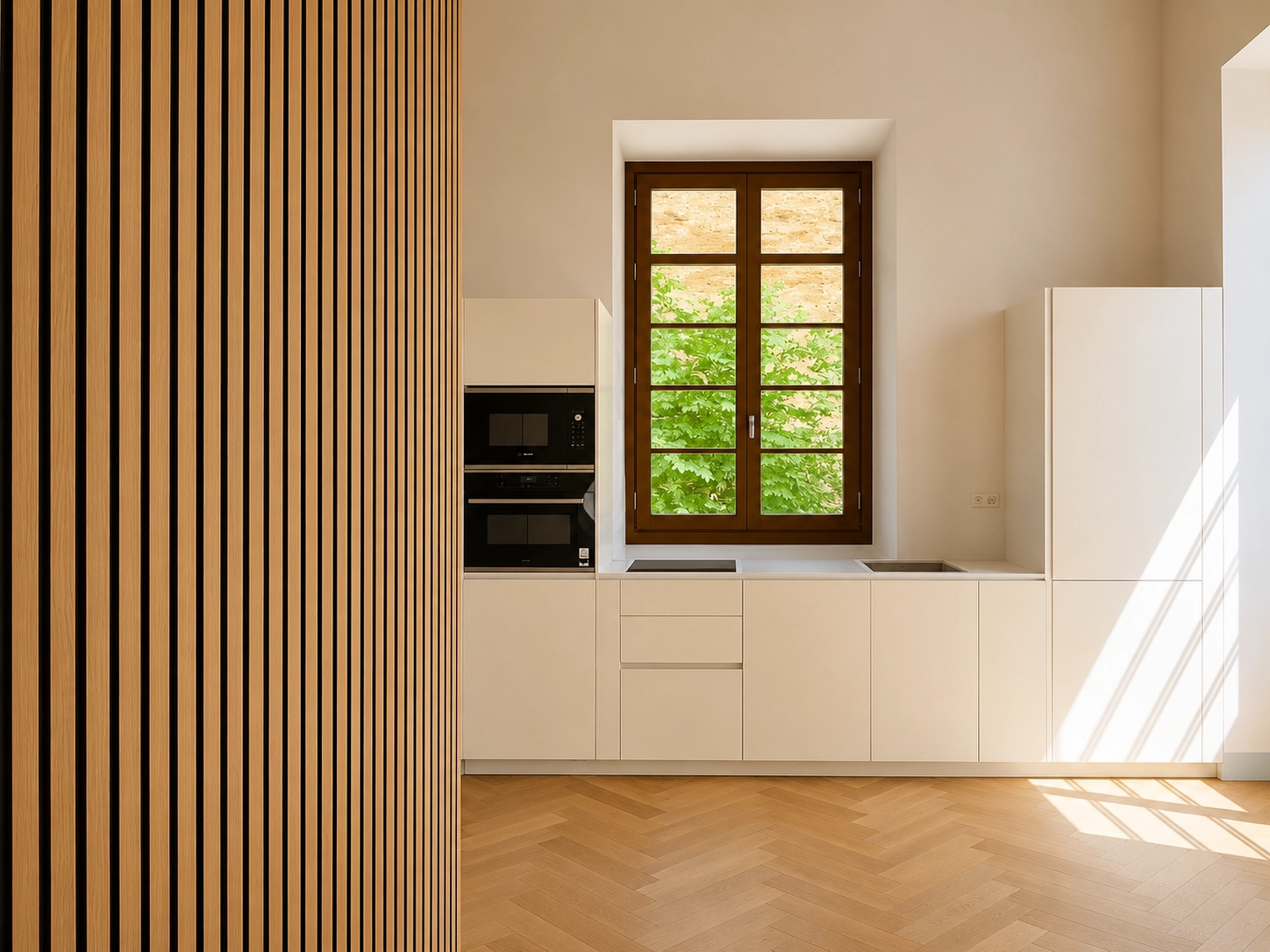 Strakke, volledig uitgeruste keukens combineren functionaliteit met minimalistische esthetiek voor een moderne culinaire ruimte.