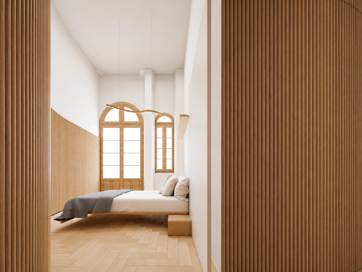 Slaapkamers zijn ontworpen als vredige toevluchtsoorden, met natuurhouten vloeren en een minimalistische stijl.