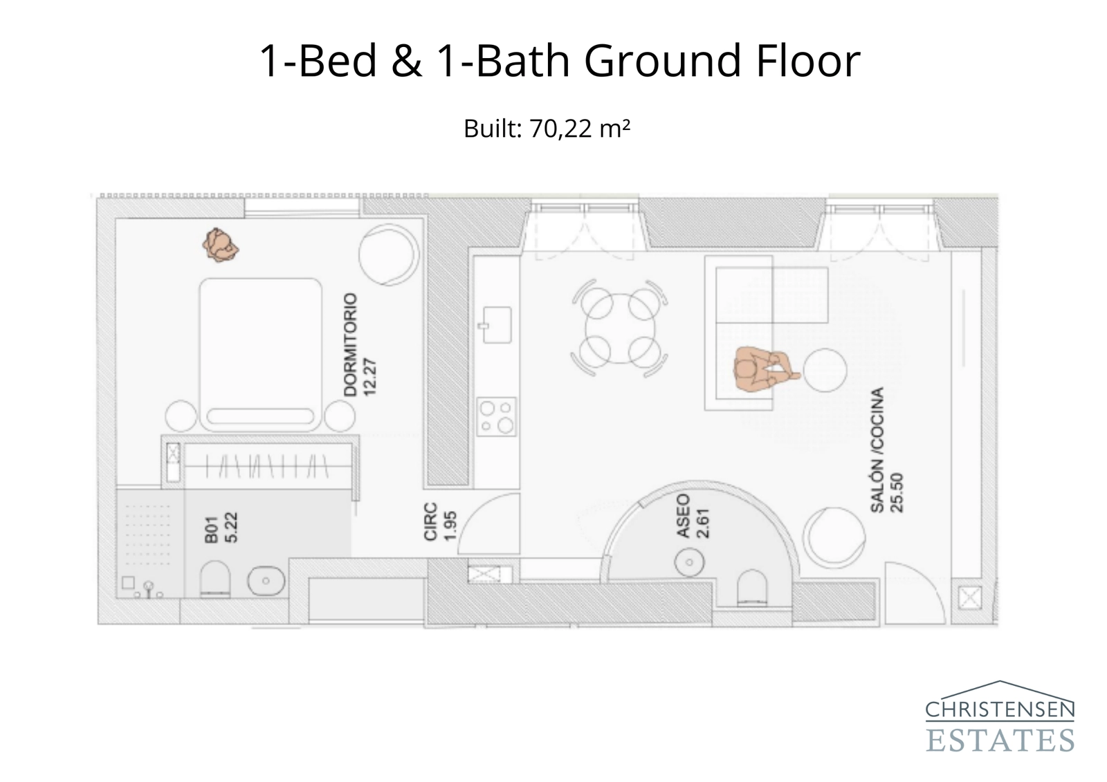 Deze plattegrond met één slaapkamer toont een efficiënte indeling met een gecombineerde woon- en keukenruimte, wat een lichte en open leefomgeving creëert.