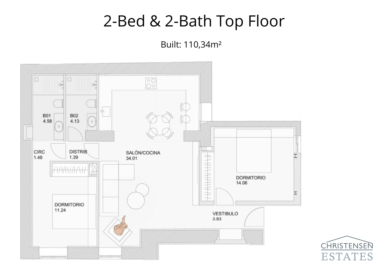 Een ruime indeling met twee slaapkamers en twee badkamers die comfort en privacy biedt, met een royale woonkamer, perfect om te ontspannen en te entertainen.