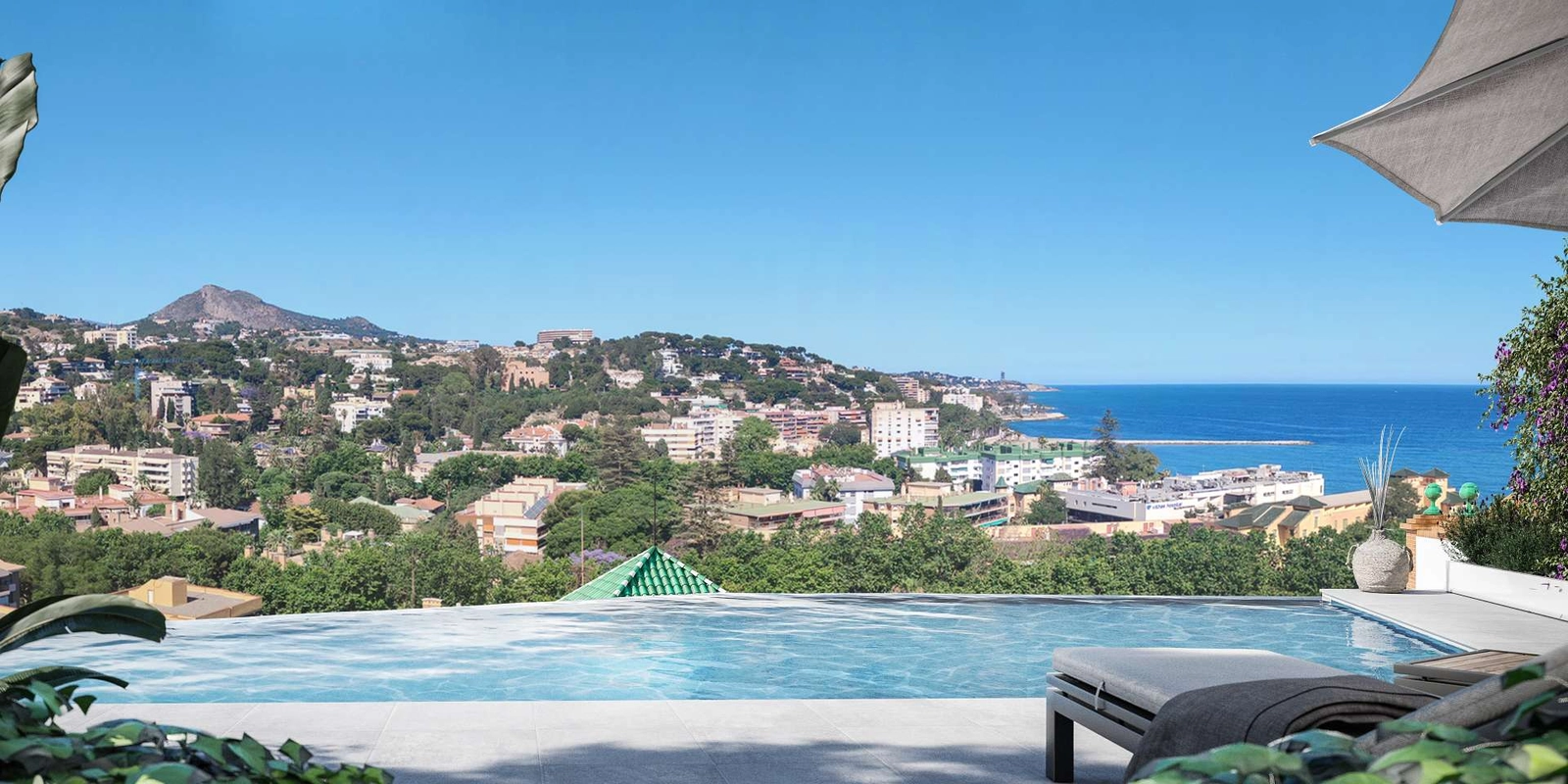 Geniet van adembenemend panoramisch uitzicht over Malaga en de Middellandse Zee vanuit het zwembad voor bewoners.