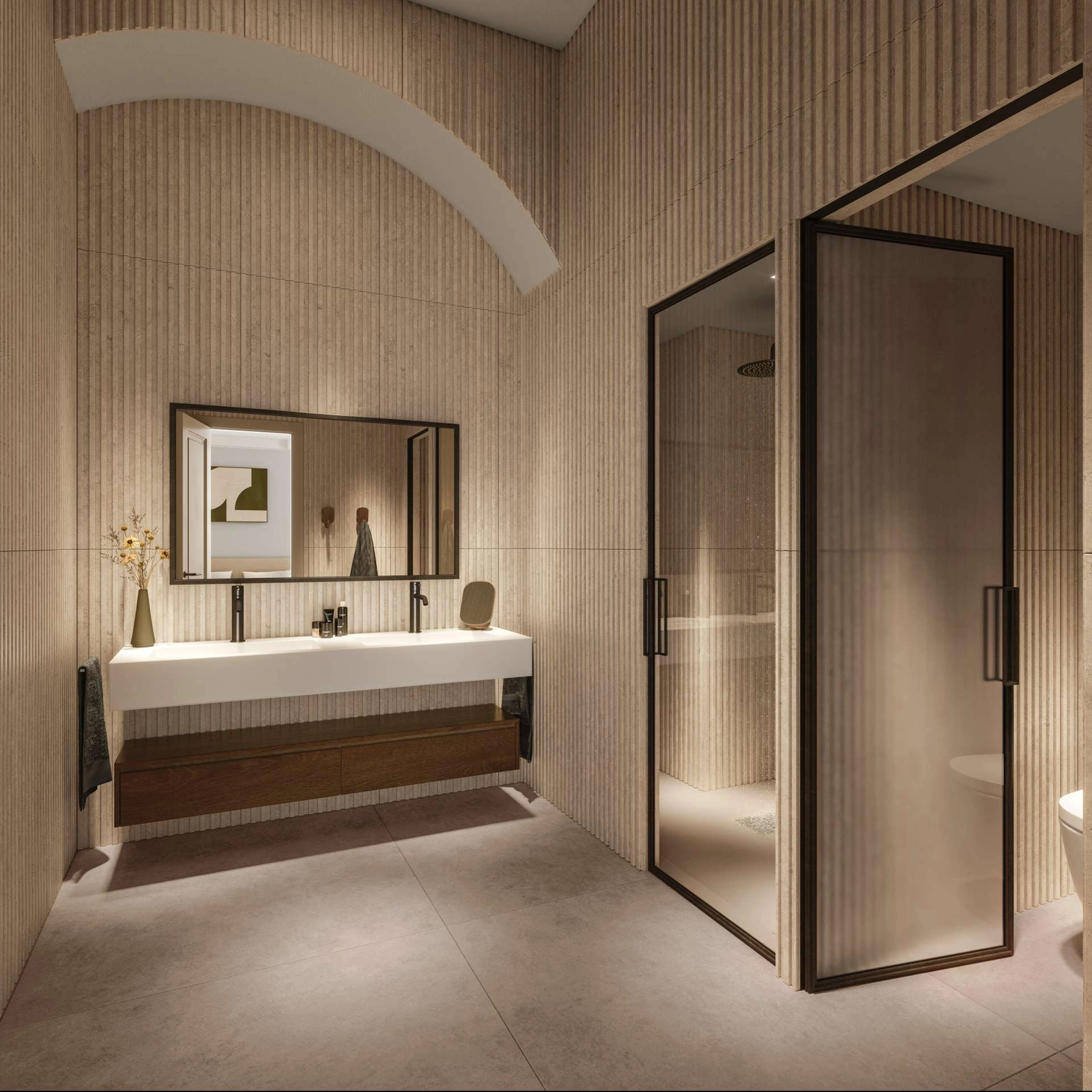 Een stijlvolle badkamer die muren met textuur combineert met moderne voorzieningen voor een warme en uitnodigende sfeer.