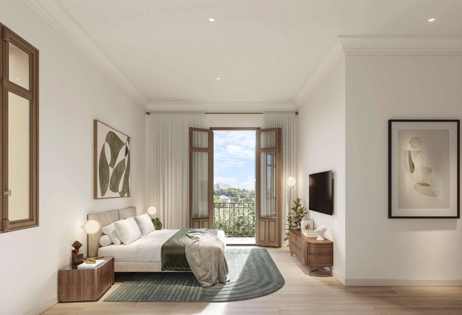 Nog een voorbeeld van een doordacht ontworpen slaapkamer, waar klassieke stijl en modern comfort samenkomen.