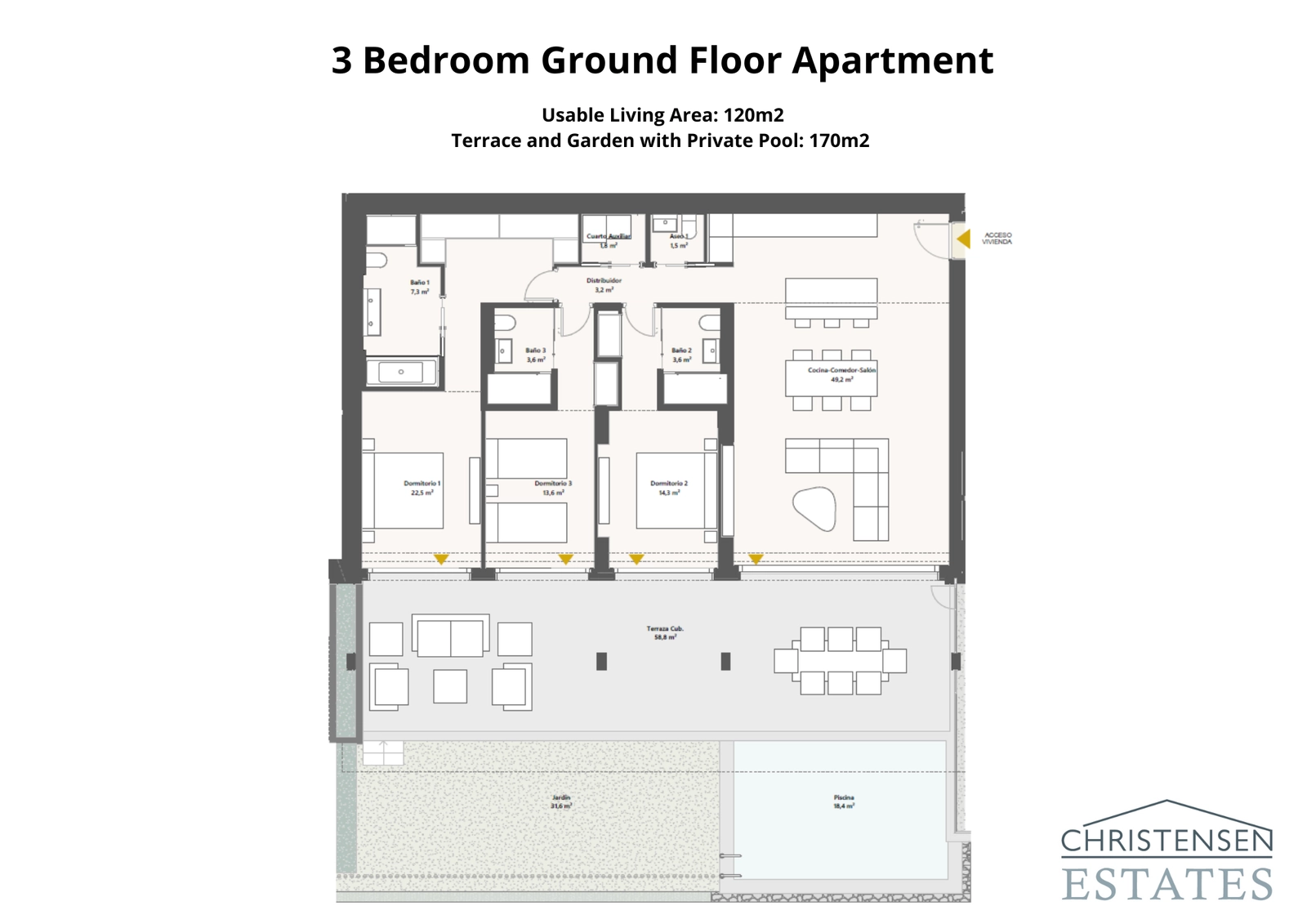 Deze indeling van een appartement met drie slaapkamers op de begane grond toont een naadloze overgang van het ruime interieur naar een groot terras, tuin en privézwembad.