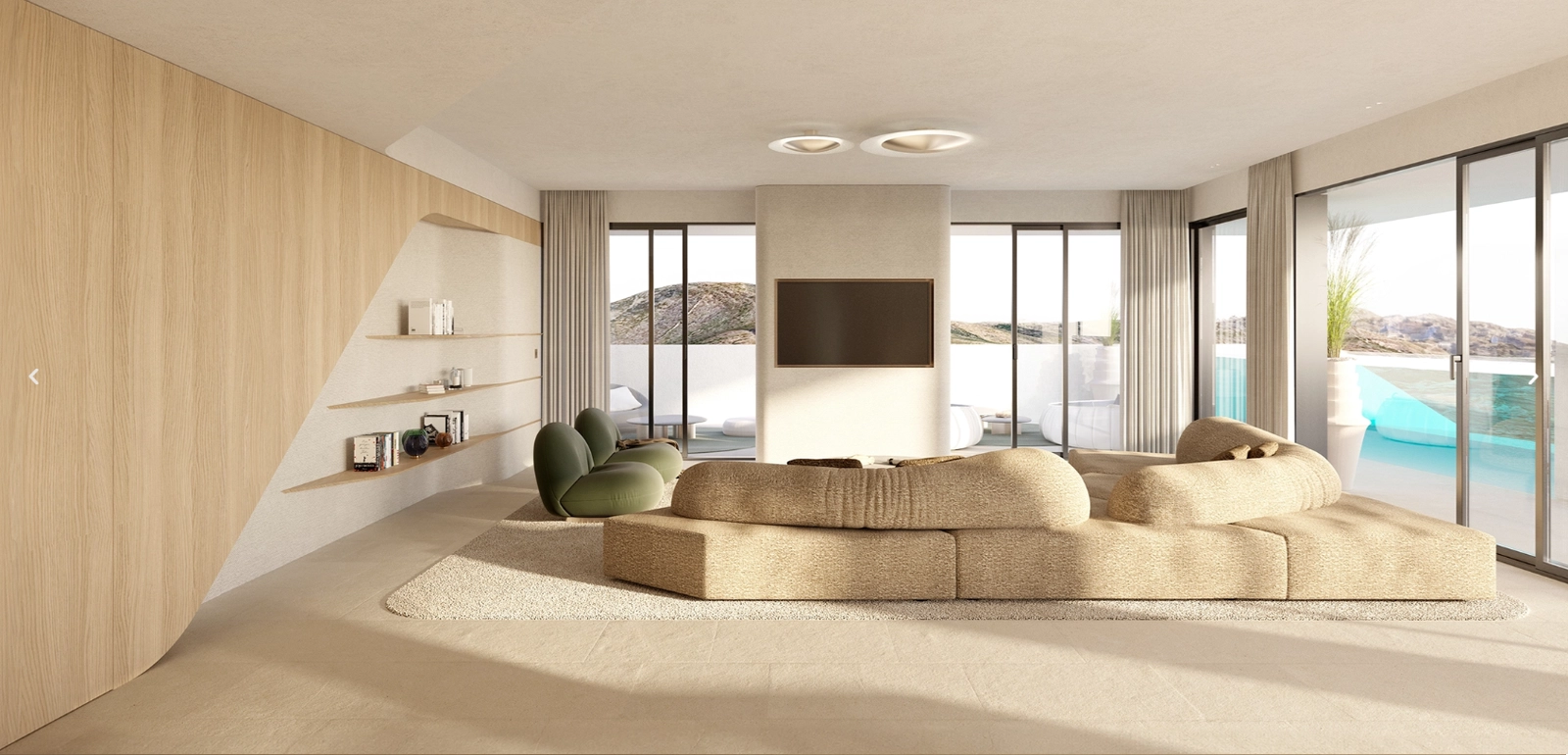 Het interieur is voorzien van natuurlijke tinten en texturen, wat een warme en elegante sfeer creëert om te ontspannen of gasten te ontvangen.