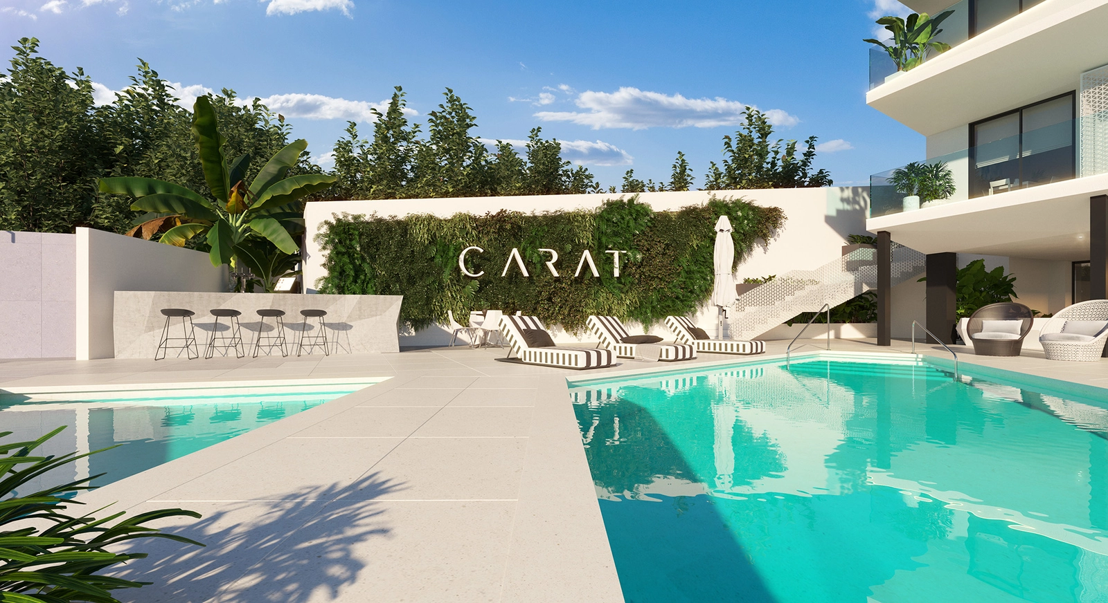 Het gemeenschappelijke zwembad en de loungeruimte bieden een perfecte plek voor zonnige middagen.