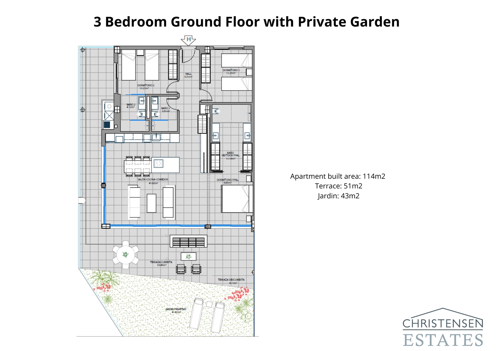 Ruime plattegrond van een drie-slaapkamerappartement op de begane grond, naadloos overgaand in een royaal terras en privétuin, perfect voor buitenleven.