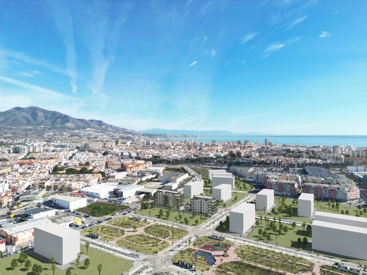 Een luchtfoto van het project, die de toplocatie nabij de zee in Fuengirola toont.
