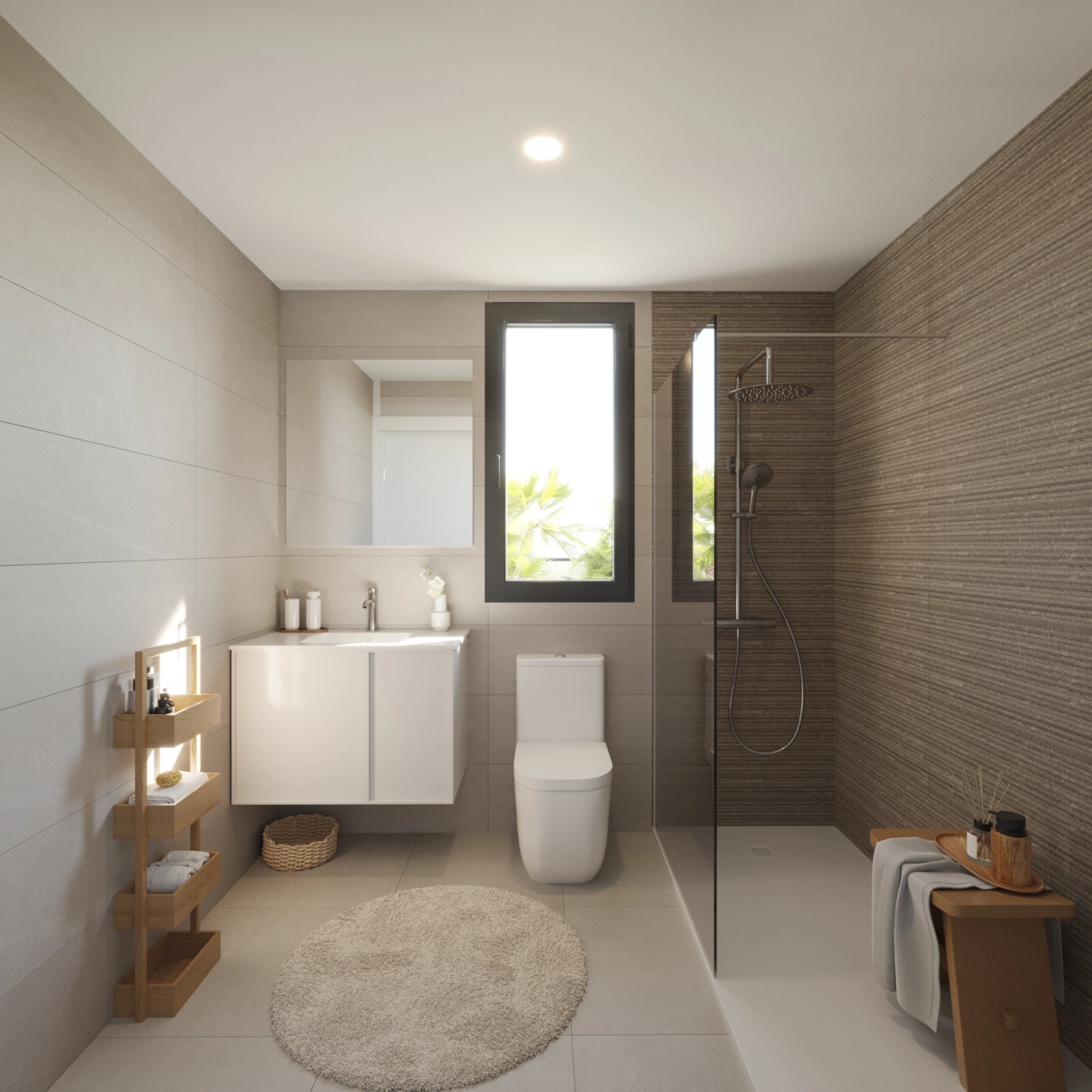 Elegante hoofdbadkamer met hoogwaardige armaturen en een strak, eigentijds design.