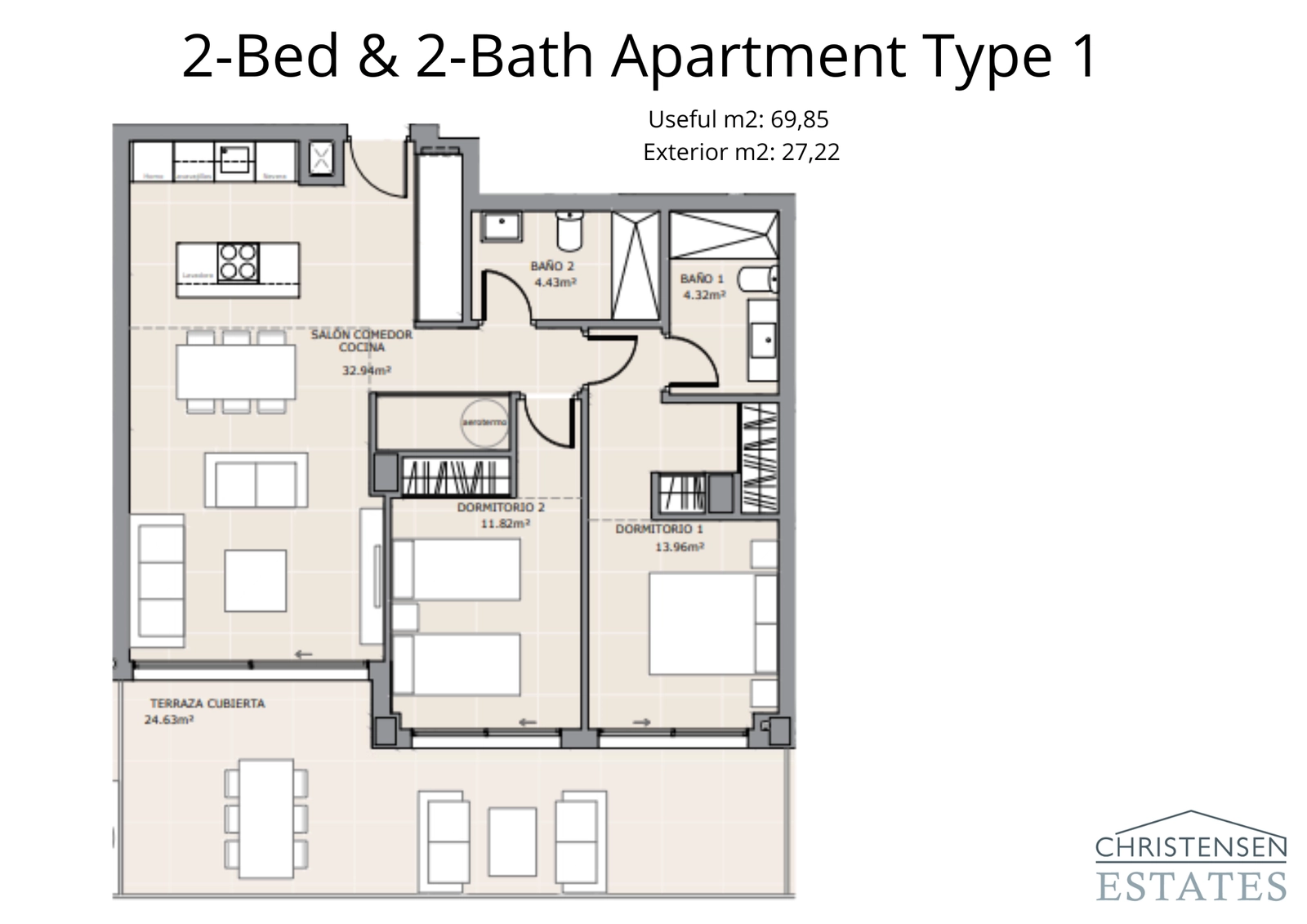 Deze indeling met twee slaapkamers beschikt over een royale open woonruimte die uitkomt op een groot terras, perfect voor binnen-buitenleven.