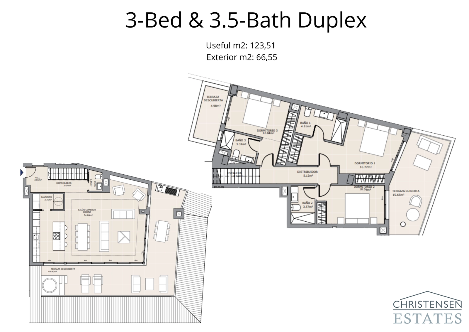 Het duplex penthouse plan toont een luxe woonervaring over twee verdiepingen, waarbij gemeenschappelijke ruimtes gescheiden zijn van privé-slaapkamers voor ultiem comfort.