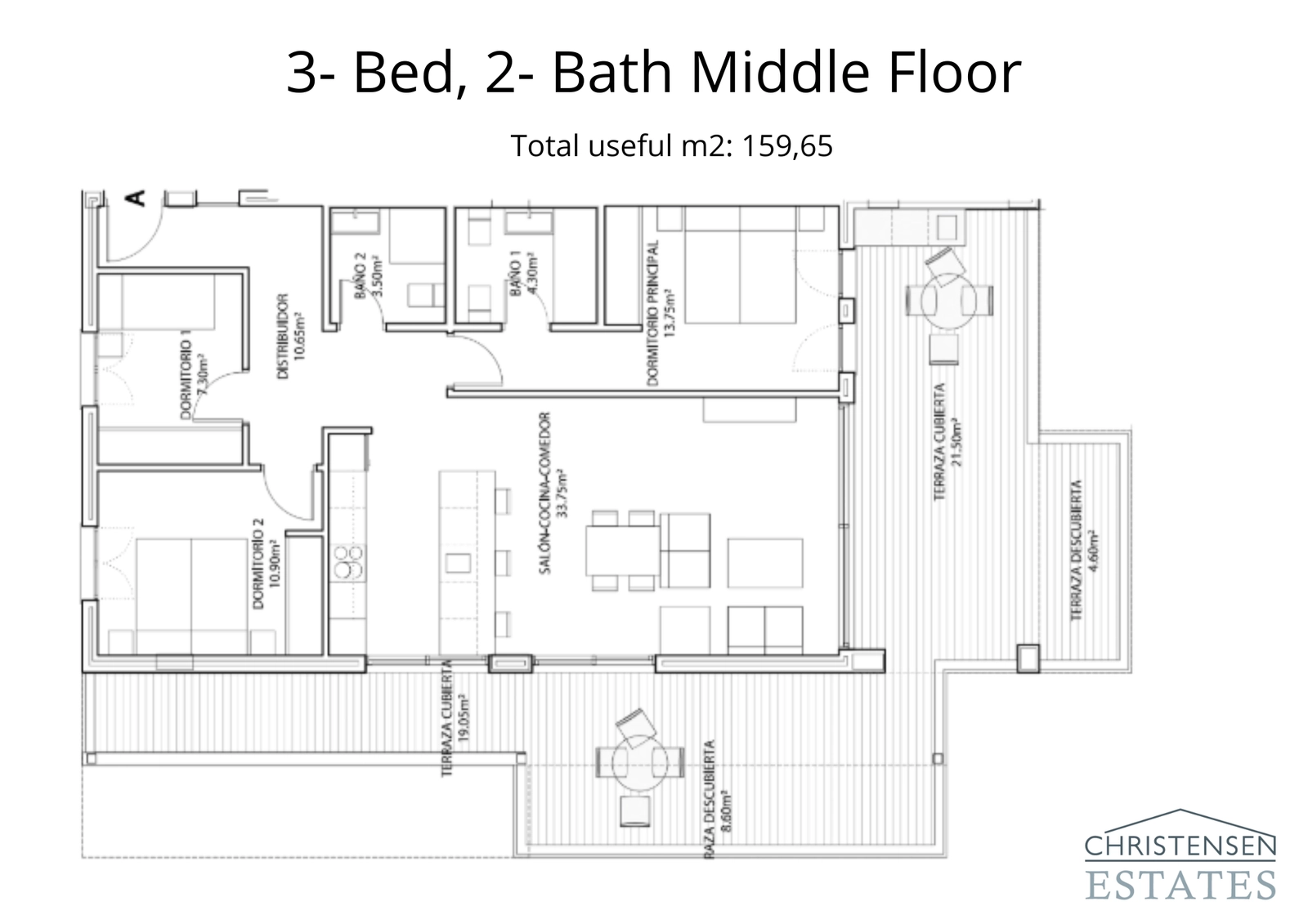Een goed ontworpen plattegrond van een appartement op een tussenverdieping met drie slaapkamers, met ruime terrassen die de woonruimte naar buiten uitbreiden, perfect om te genieten van het mediterrane klimaat.
