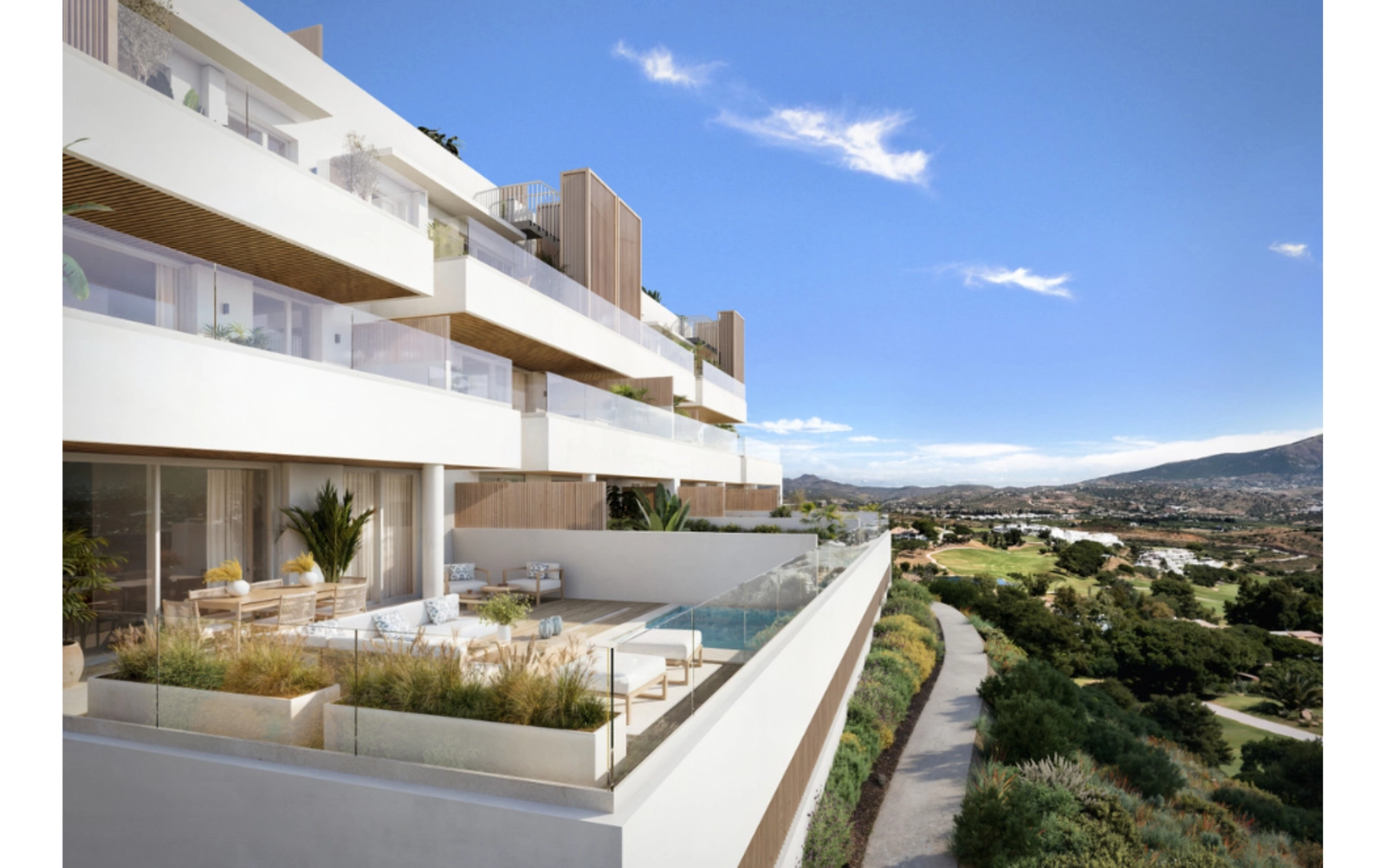 Een luchtfoto van de bevoorrechte frontlinielocatie van het project aan de prestigieuze golfbaan La Cala Golf.