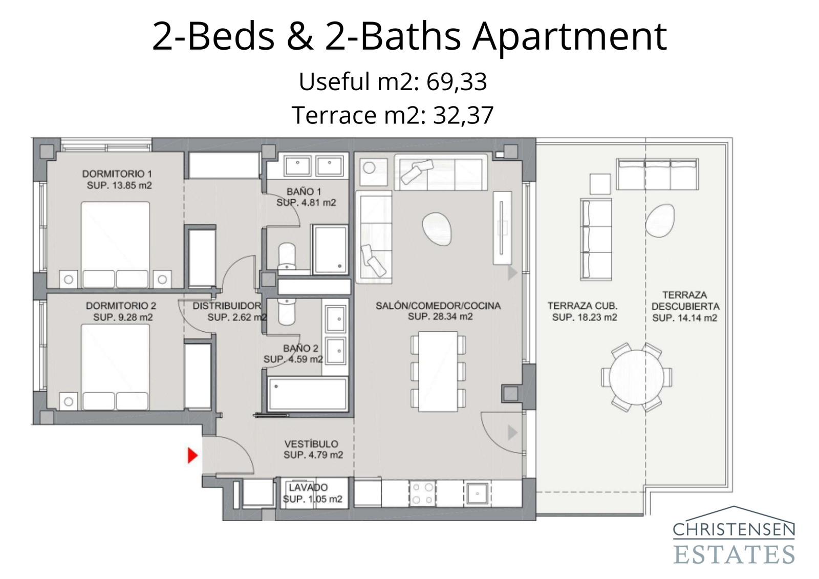 Deze indeling van een tweekamerappartement beschikt over een open woonkamer die uitkomt op een ruim terras, perfect om van het uitzicht te genieten.