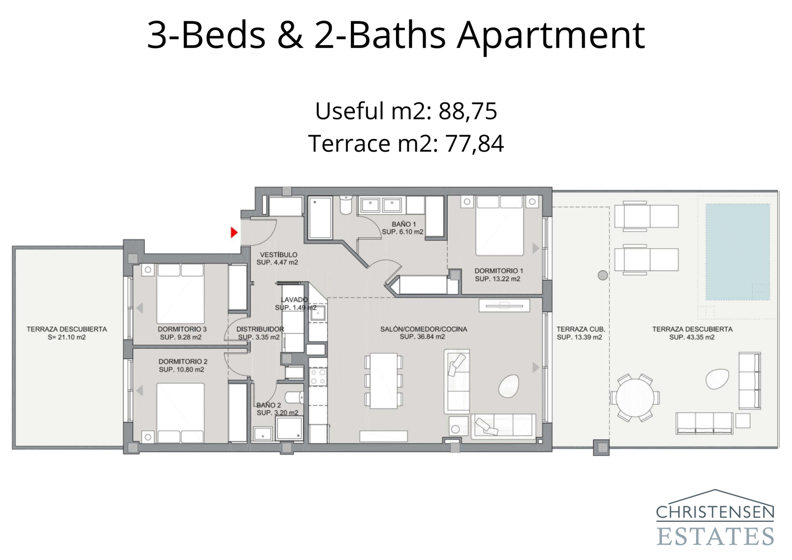 De plattegrond van het driekamerappartement biedt royale woonruimtes en meerdere terrassen, wat volop ruimte biedt voor familie en gasten in een luxueuze omgeving.
