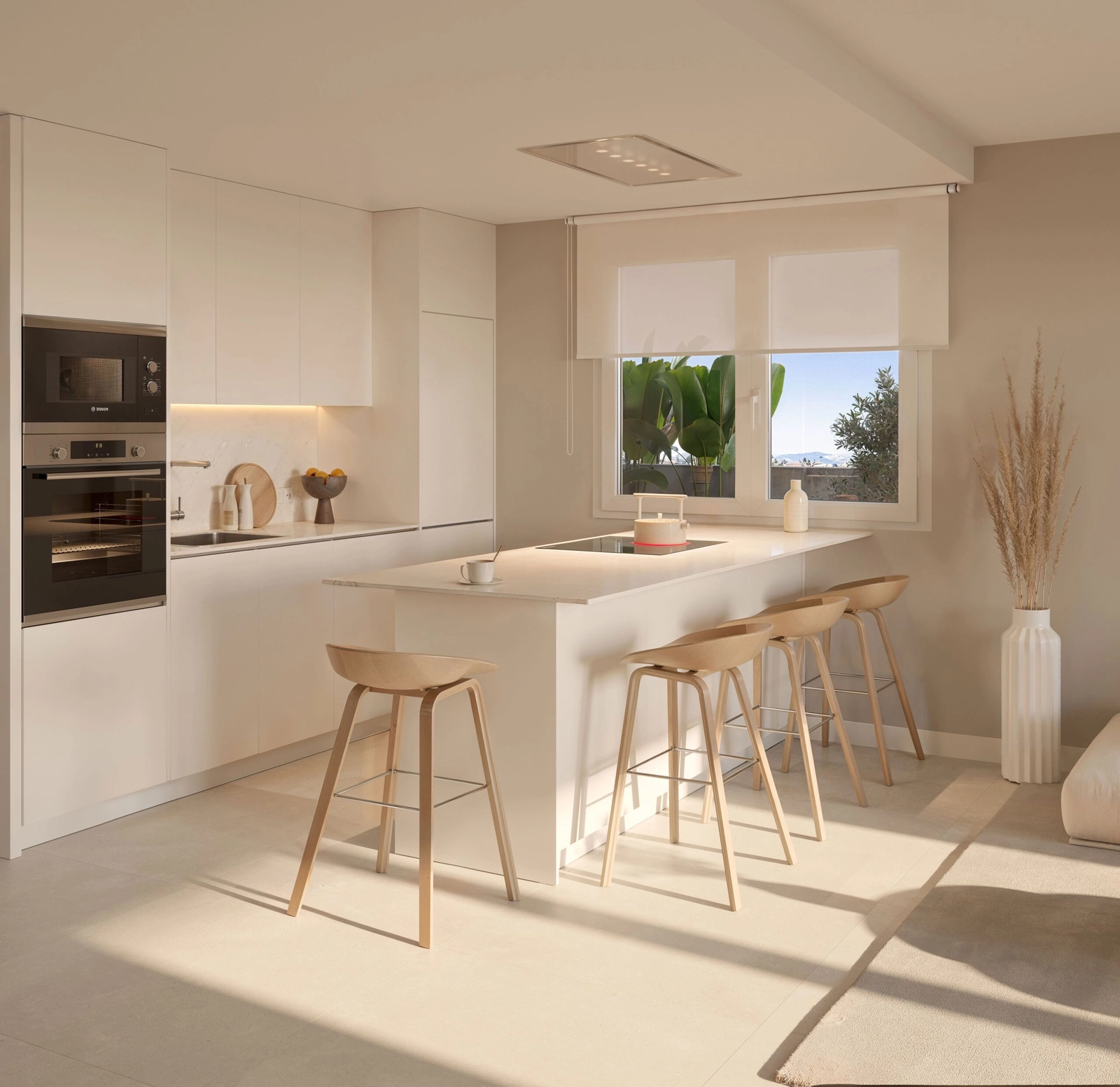 Een strakke, moderne keuken volledig uitgerust met hoogwaardige apparatuur en een uitnodigend kookeiland.