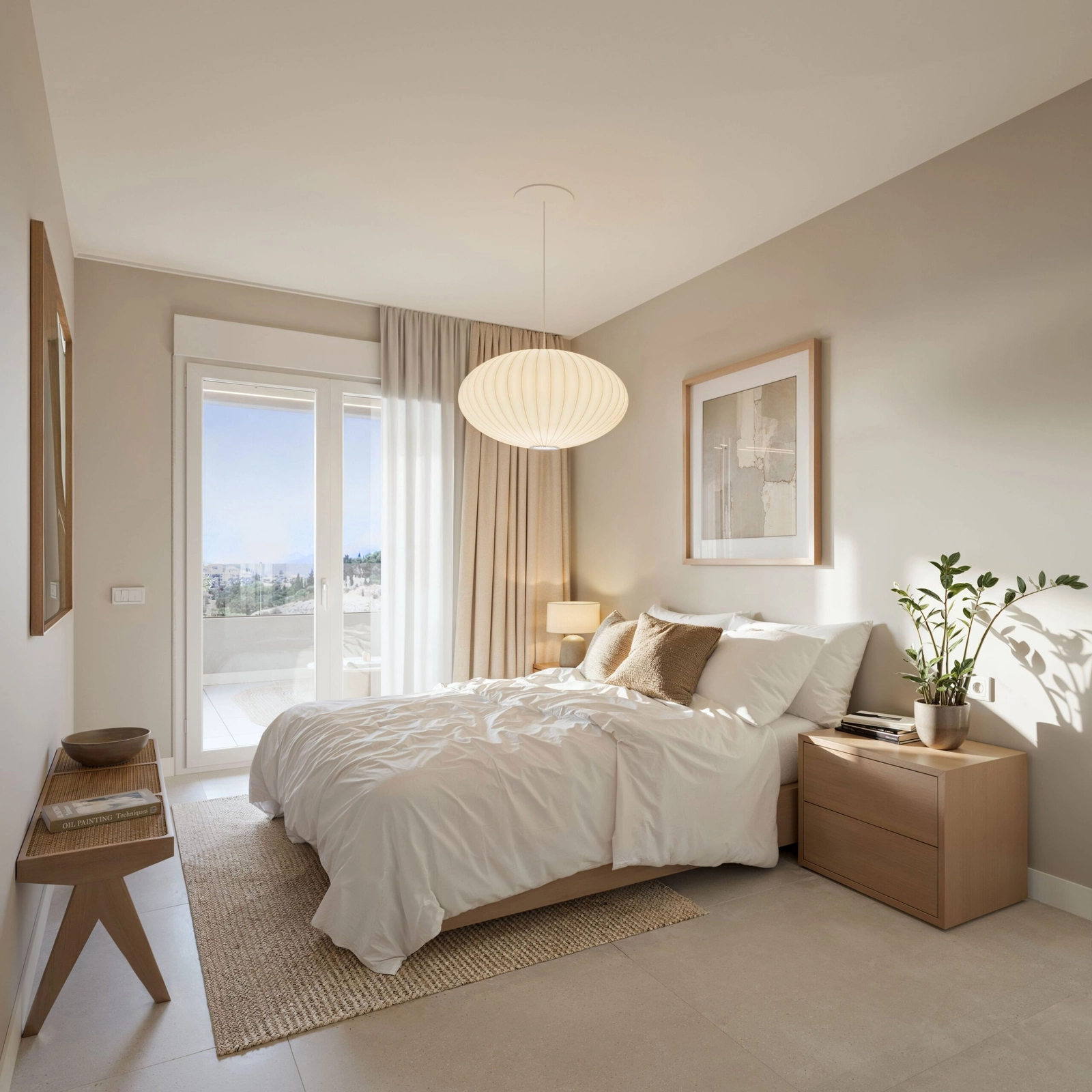 Een serene en comfortabele slaapkamer met directe toegang tot een privéterras.