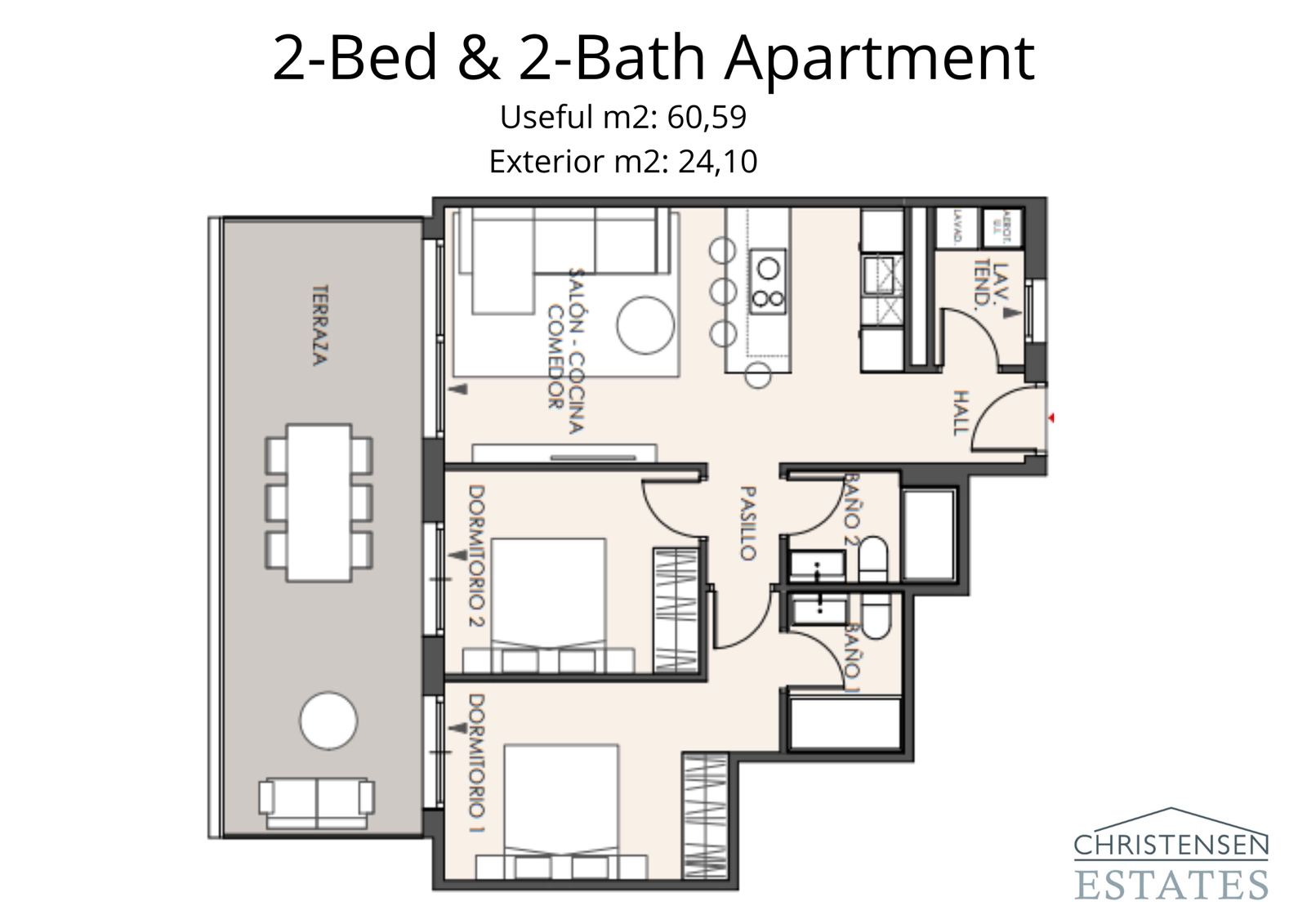 Plattegrond voor een woning met twee slaapkamers, met een functionele indeling, een open woonkamer en een groot terras.