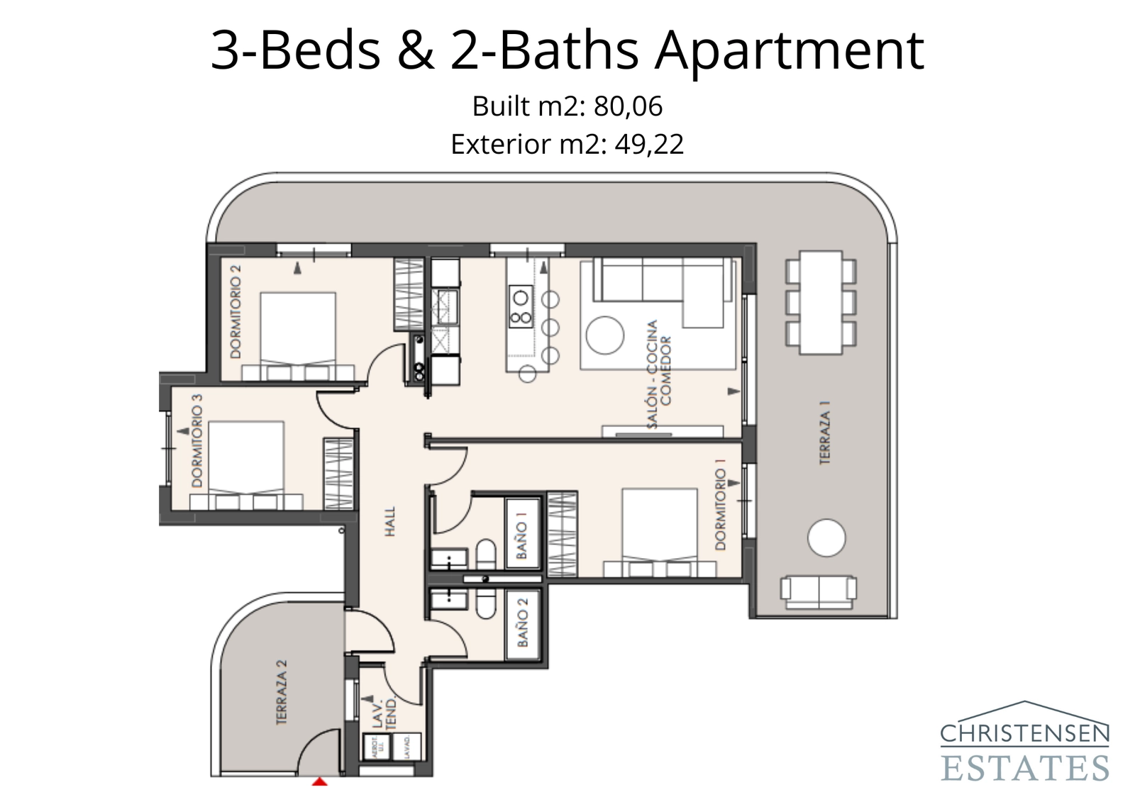 Deze ruime indeling met drie slaapkamers omvat royale binnenruimtes en twee aparte terrassen, wat de buitenlevensstijl verbetert.