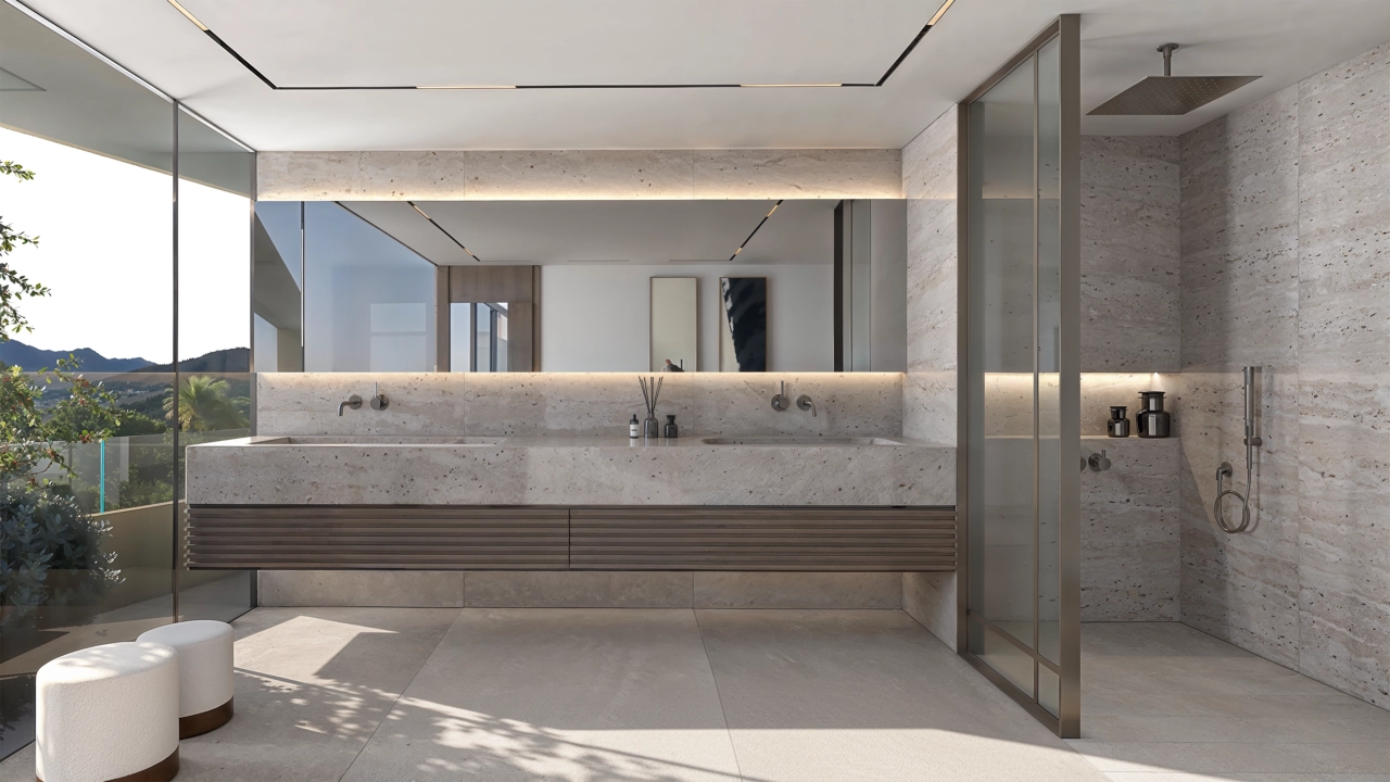 Een prachtig ingerichte badkamer met hoogwaardige materialen, een dubbele wastafel en een ruime inloopdouche.