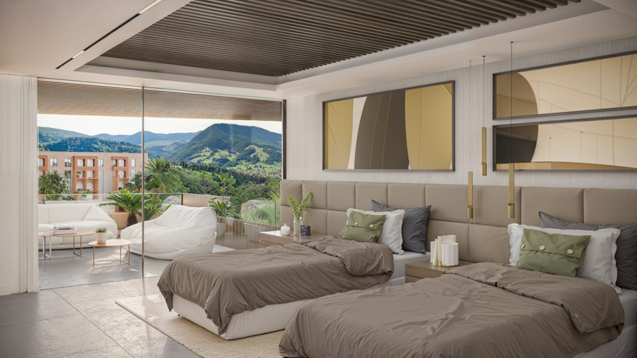 Gastenslaapkamers zijn royaal bemeten en voorzien van grote ramen die het prachtige landschap en natuurlijk licht binnenlaten.