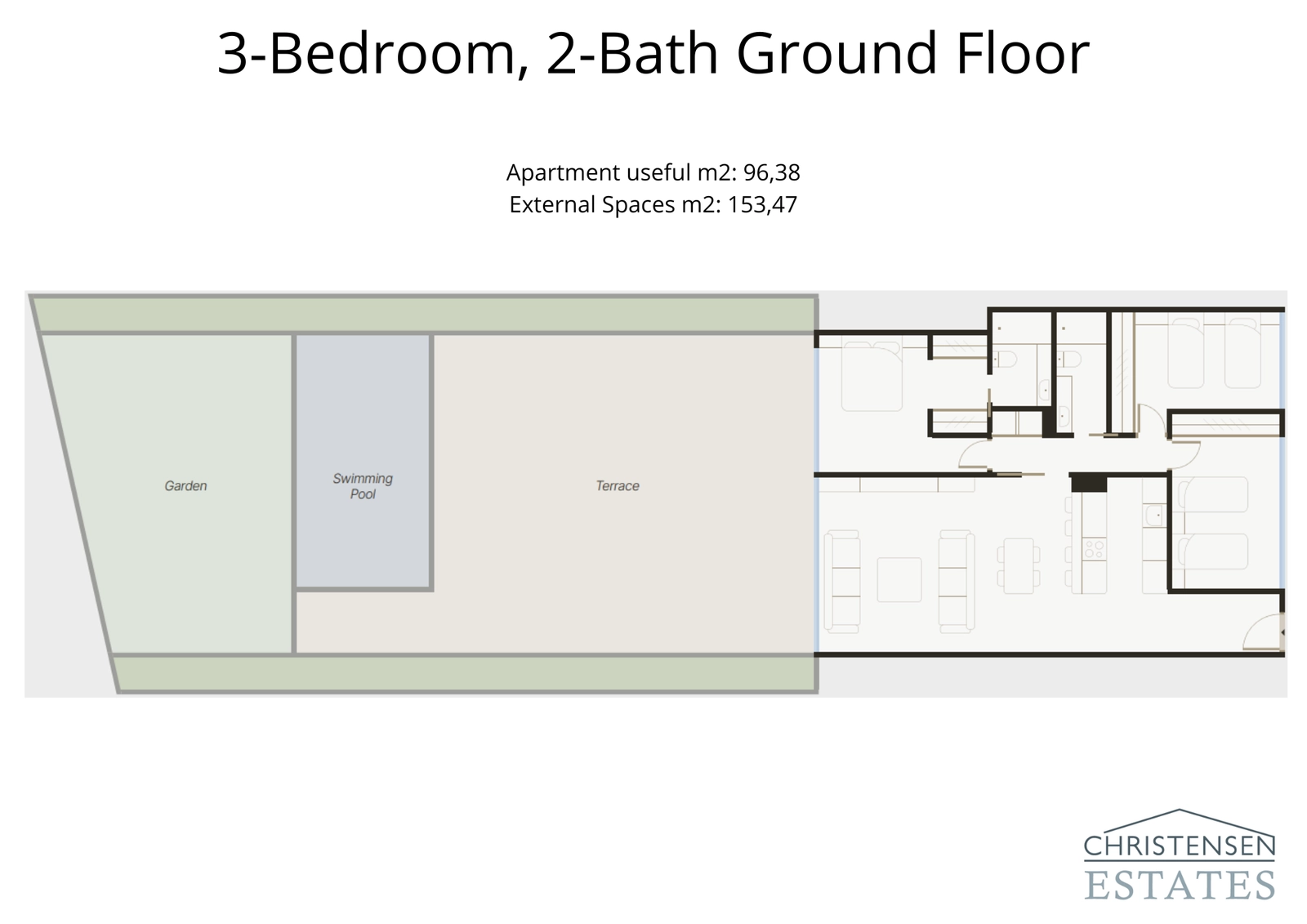 Een plattegrond van een drie-slaapkamer appartement op de begane grond met een zeer groot terras, privézwembad en tuin, wat een ruime binnen-buitenwoonervaring creëert.