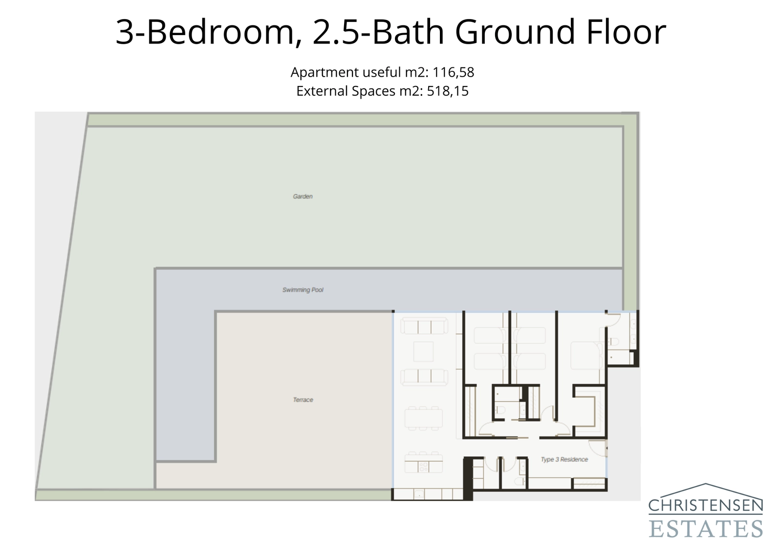Deze ruime residentie met drie slaapkamers op de begane grond beschikt over een uitzonderlijk grote privétuin en zwembadgedeelte, perfect voor ultieme privacy en entertainment.