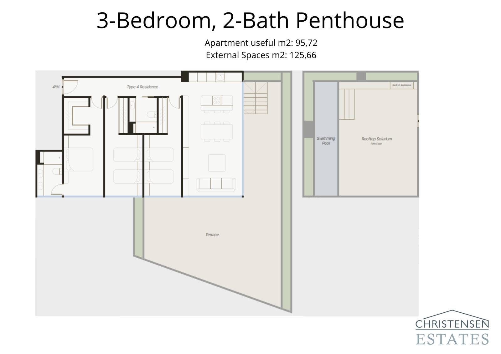 Deze penthouse-plattegrond toont het hoofdwonenniveau en het privé daksolarium, compleet met eigen zwembad voor de ultieme luxe levensstijl.