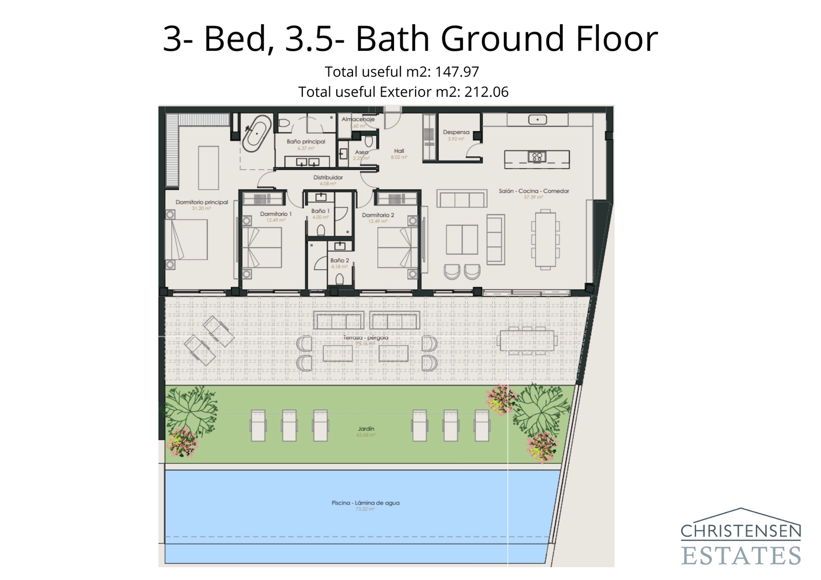 Deze begane grond woning met drie slaapkamers verbindt ruime interieurs met een royaal terras, privétuin en zwembad.