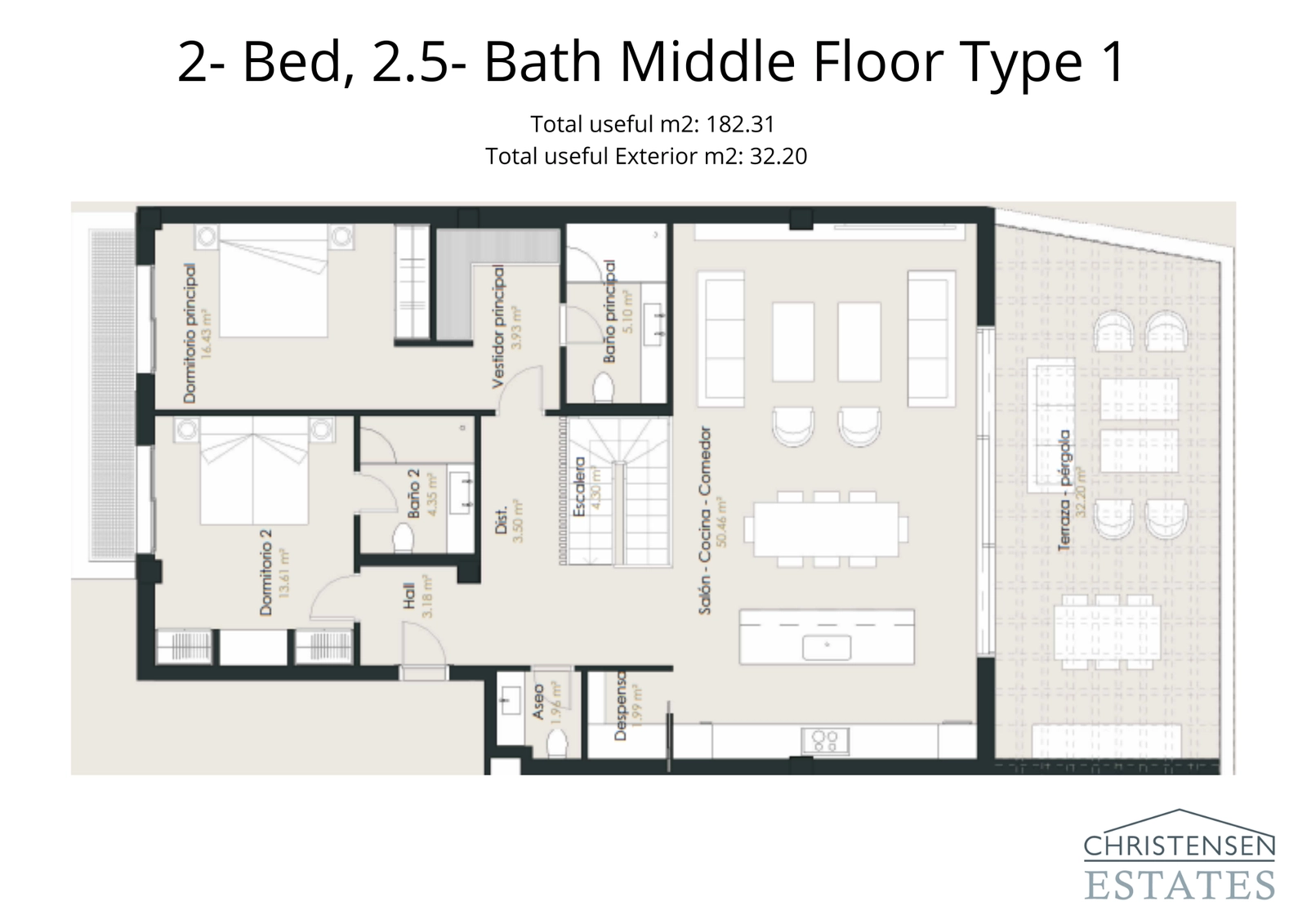 Deze appartement indeling met twee slaapkamers biedt een royale open woonruimte die uitkomt op een ruim terras, perfect voor vermaak.