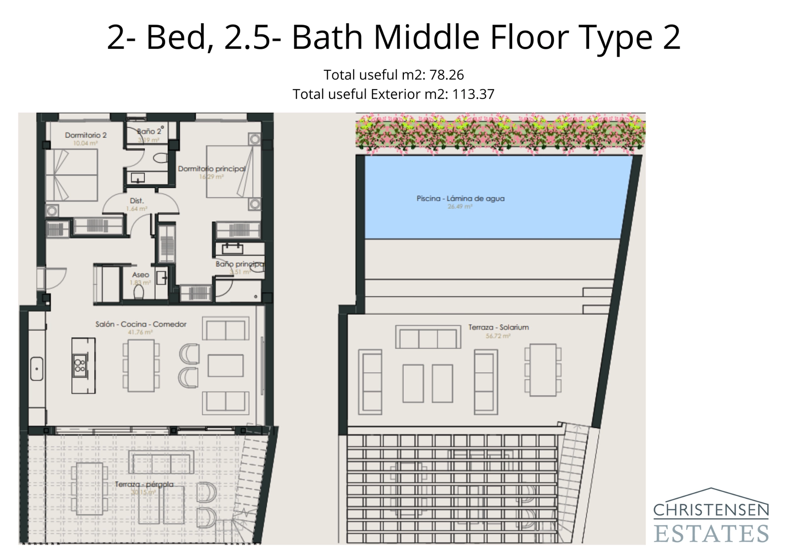 Een doordacht ontworpen woning met twee slaapkamers, voorzien van een uitgebreid daksolarium en privézwembad voor ultieme ontspanning.