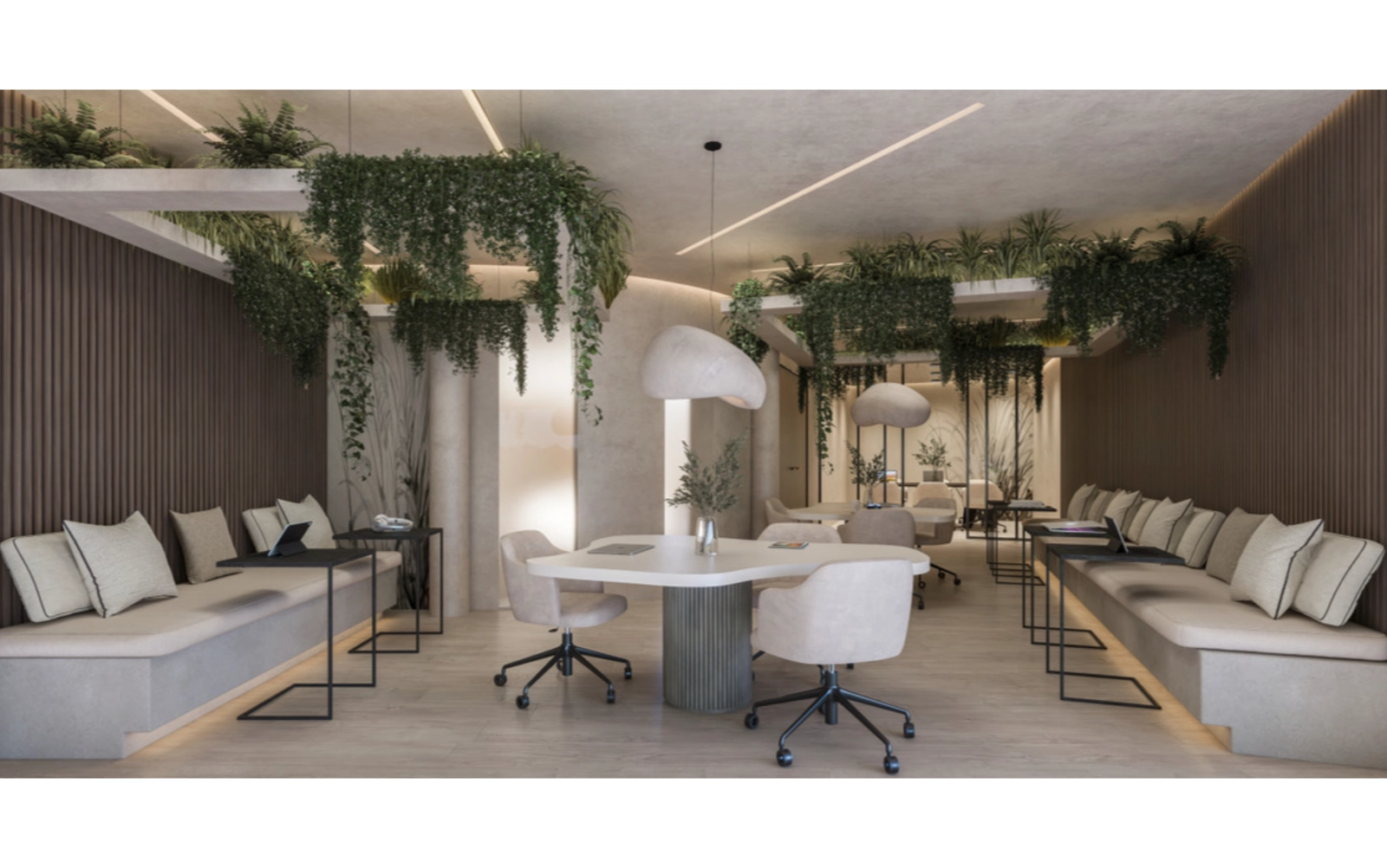 Een moderne co-workingruimte stelt bewoners in staat om te werken of te vergaderen in een professionele omgeving.