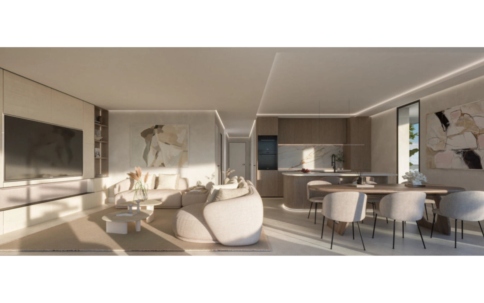 Zonlicht vult de elegante woonkamer en creëert een warme en uitnodigende sfeer om te ontspannen.