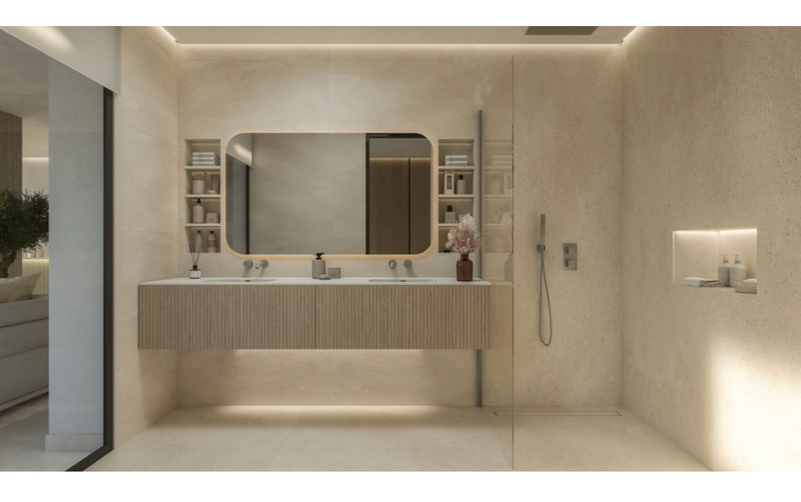Een prachtig ingerichte badkamer met een dubbele wastafel, die luxe combineert met praktisch design.
