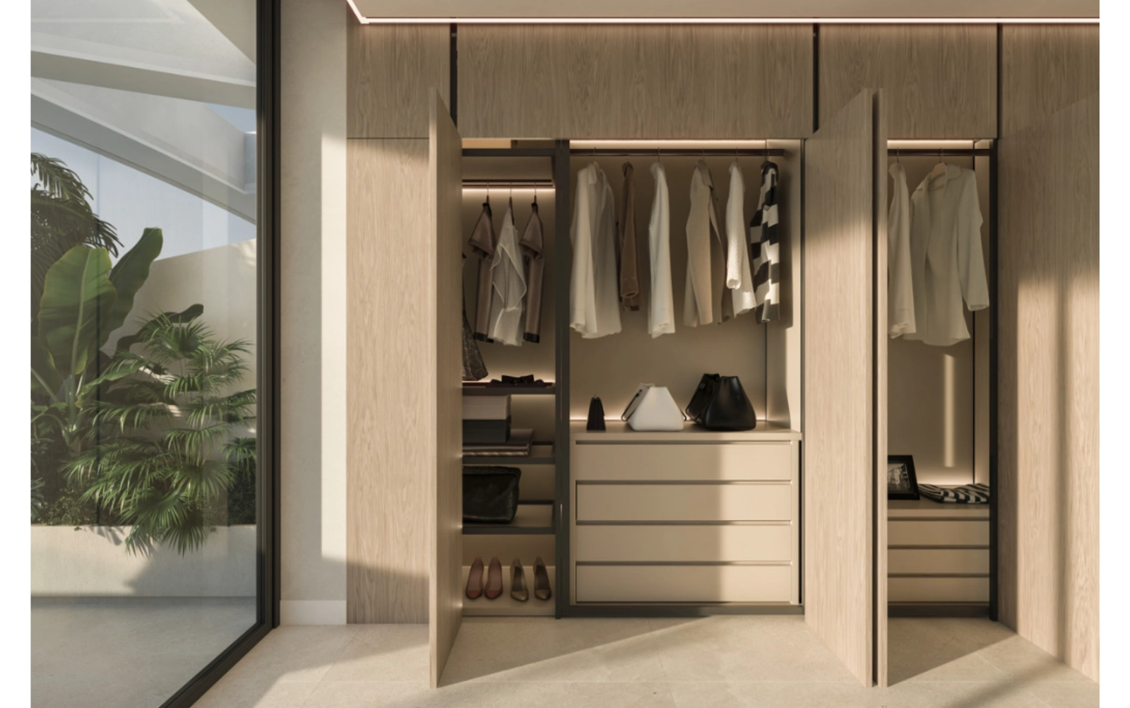 Op maat gemaakte kasten bieden ruime opbergmogelijkheden en voegen een vleugje elegantie toe aan de slaapkamers.