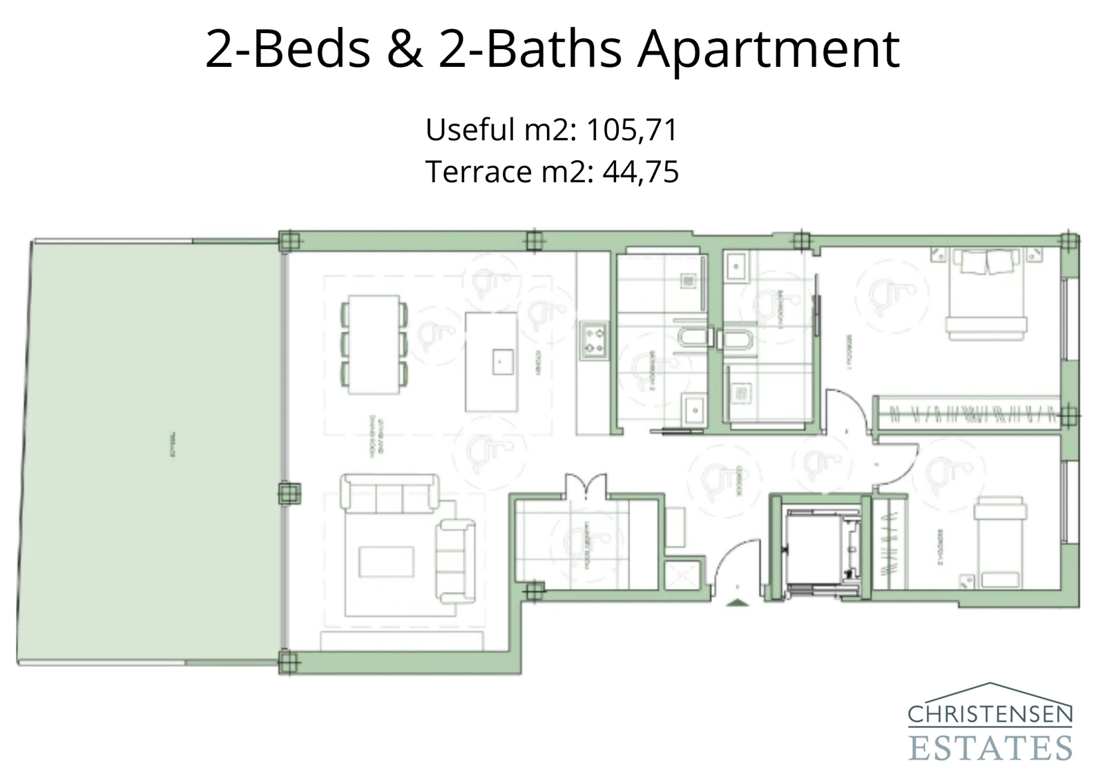 Deze doordachte indeling voor een appartement met twee slaapkamers beschikt over een lichte, open woonruimte die uitkomt op een ruim terras.